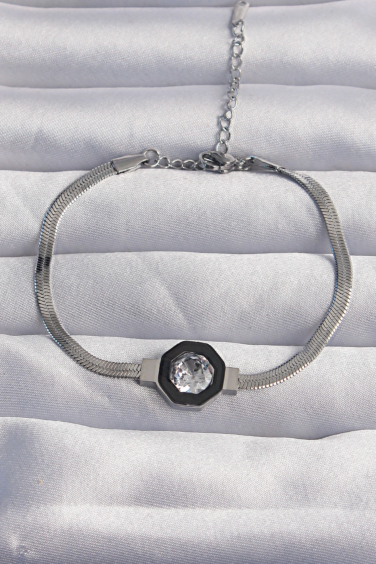 316L Çelik Gümüş Renk Zirkon Taşlı Mineli İtalyan Zincir Serenay Bileklik