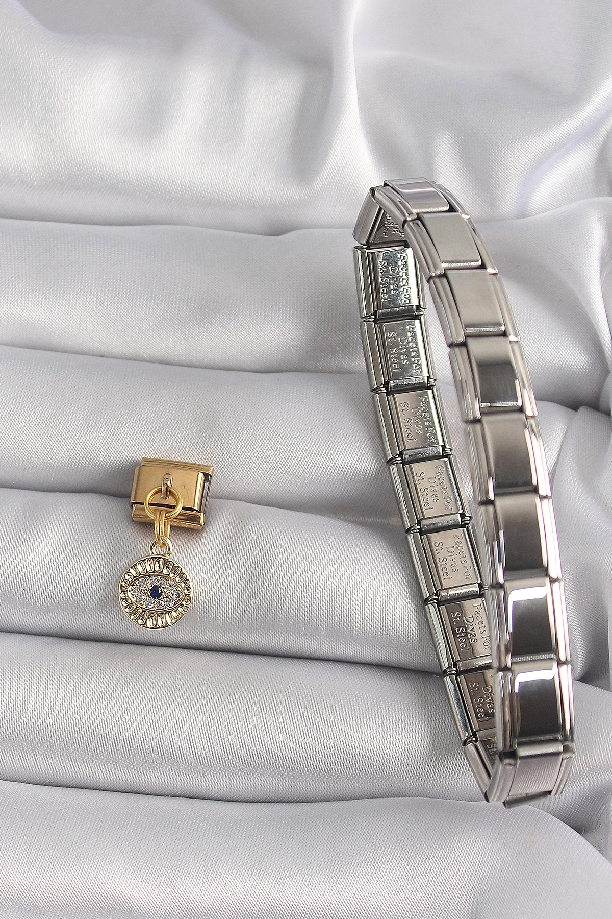 316L Çelik Gold Renk Sallantı Zirkon Taşlı Göz Model Nomination Charm