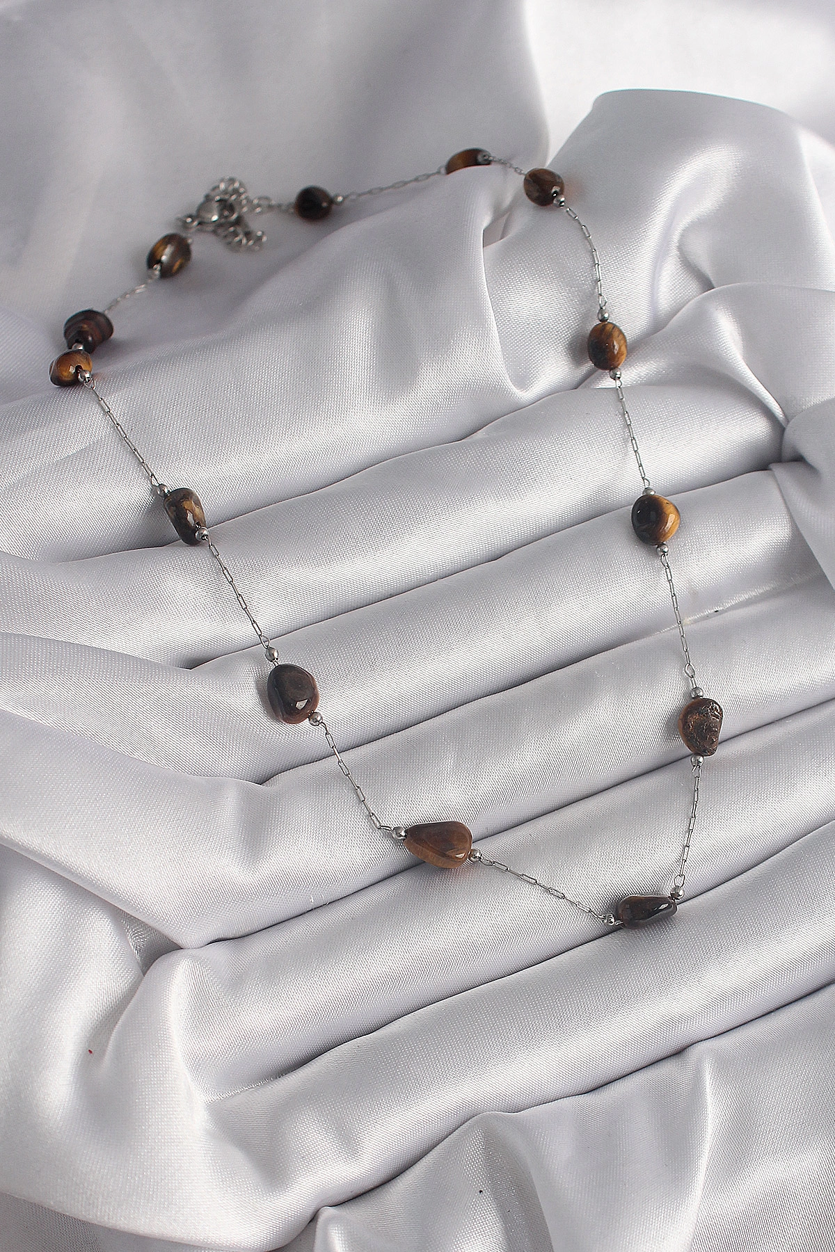 316L Çelik Gümüş Renk Zincir Kahverengi Doğaltaş Model Kadın Kolye