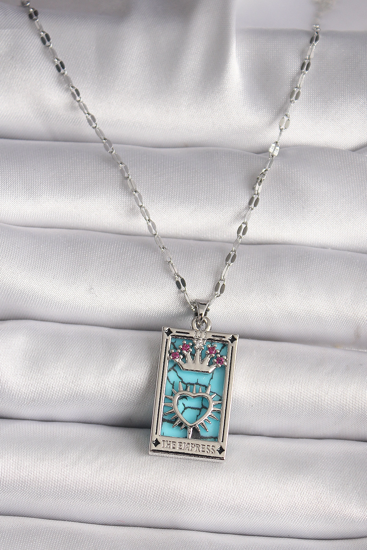 316L Çelik Gümüş Renk Pembe Zirkon Taşlı Taç Kalp Portre Model Kadın Kole