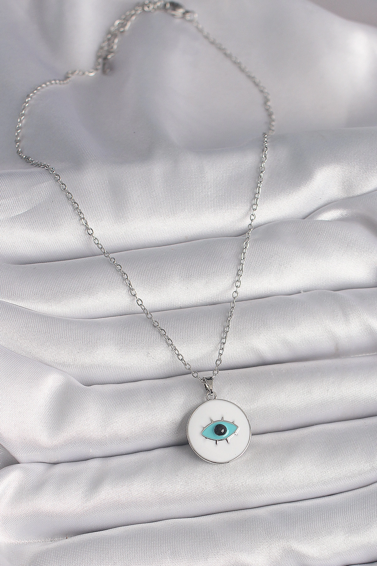 316L Çelik Gümüş Renk Zincir Beyaz Mineli Turkuaz Göz İşleme Model Kadın Kolye