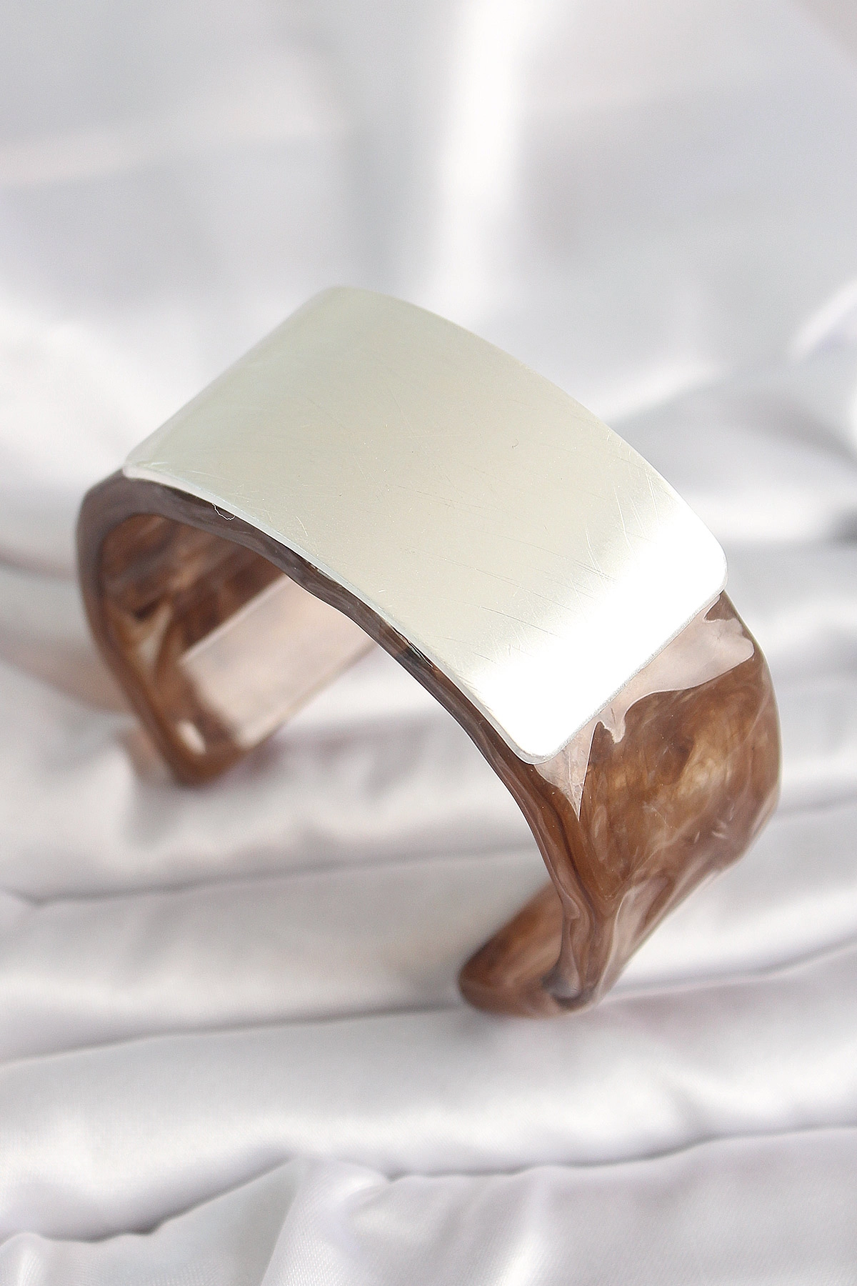 Kahverengi Mermer Desen Akrilik Plastik Gümüş Dikdörtgen Plaka Vintage Kadın Bilezik