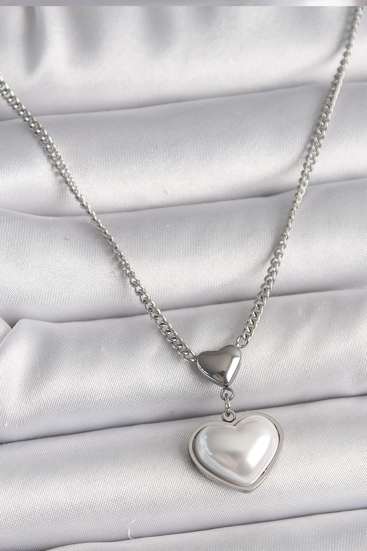 316L Çelik Gümüş Renk Zincir 3D Kalp Model Kadın Kolye