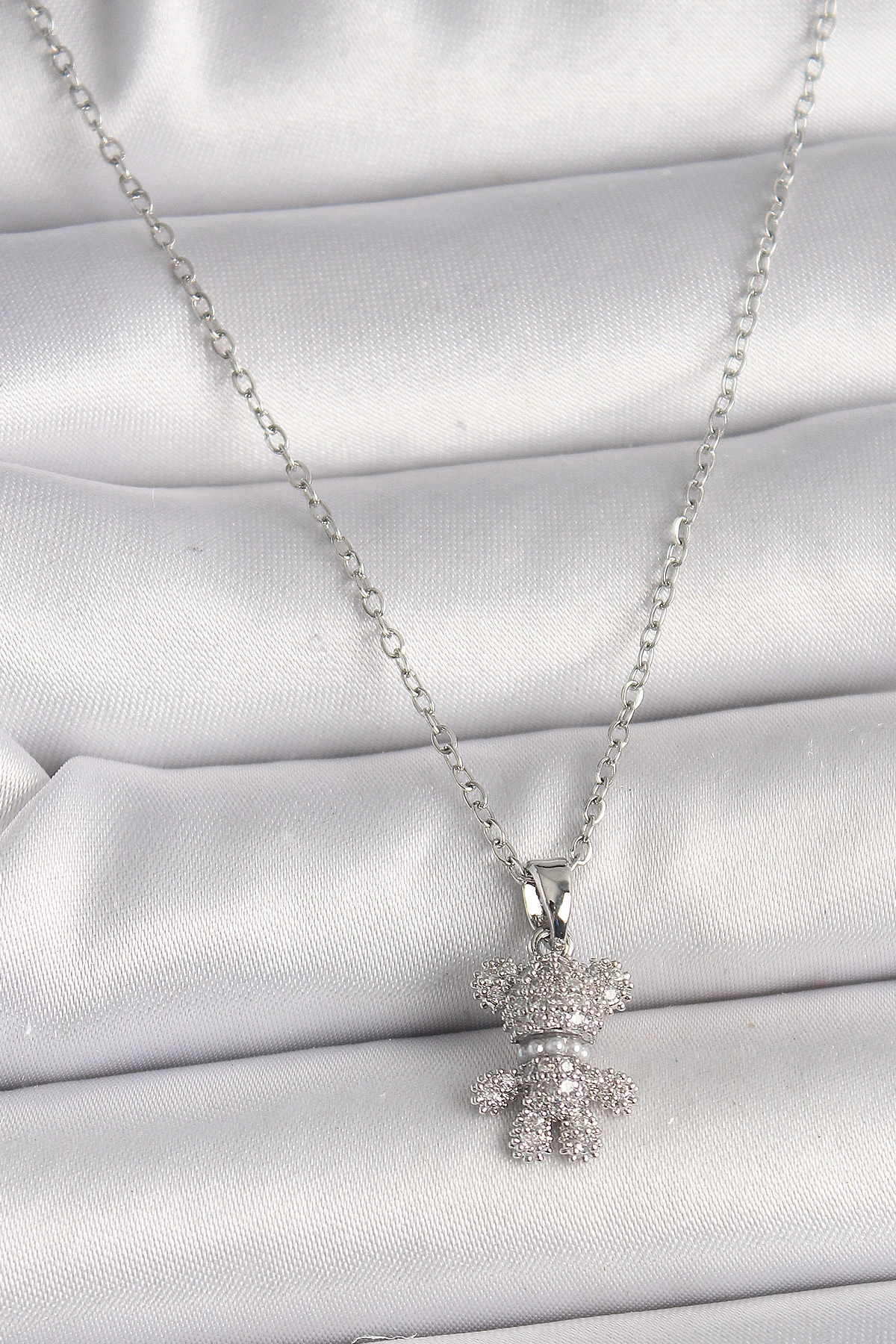 316L Çelik Gümüş Renk Zincir Zirkon Taşlı Ayıcık Figür Kadın Kolye