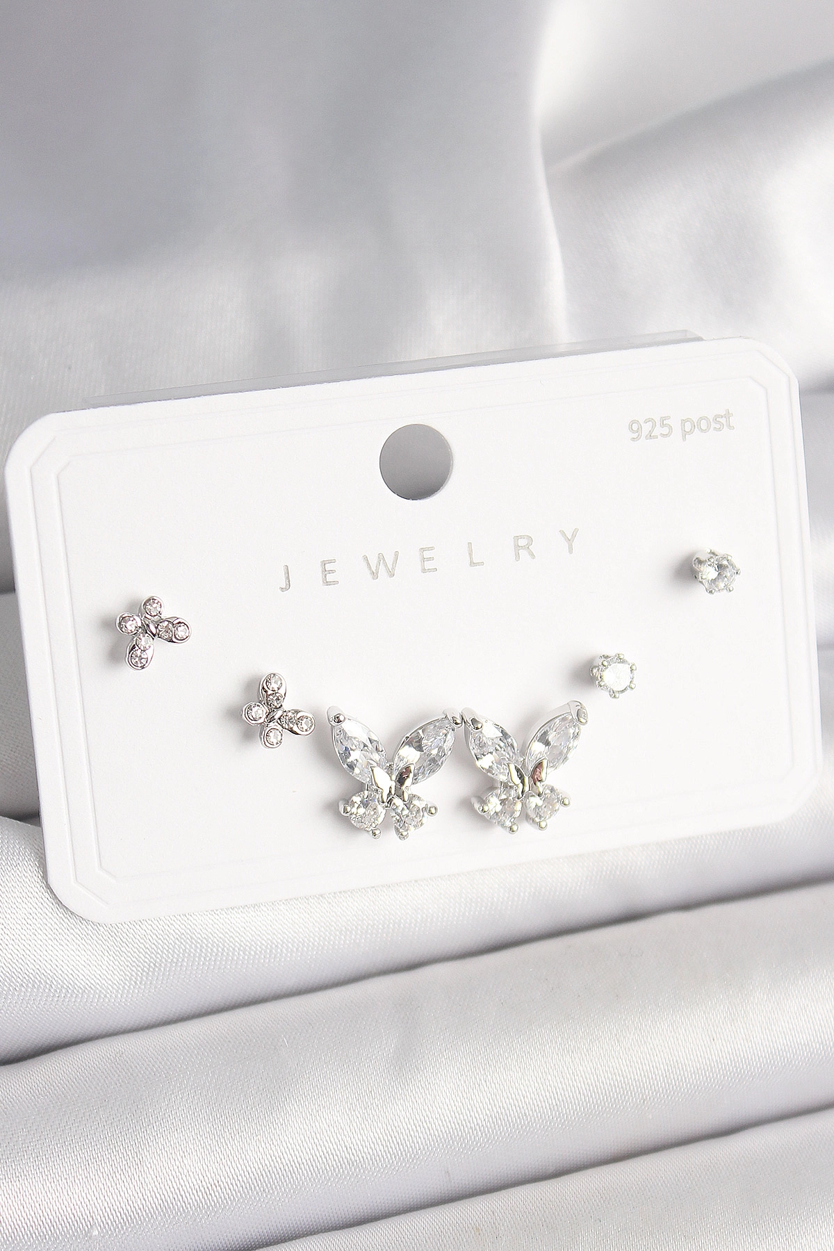 925 Ayar Gümüş Çivi Pirinç Zirkon Taşlı Kelebek Model Kadın Küpe Seti