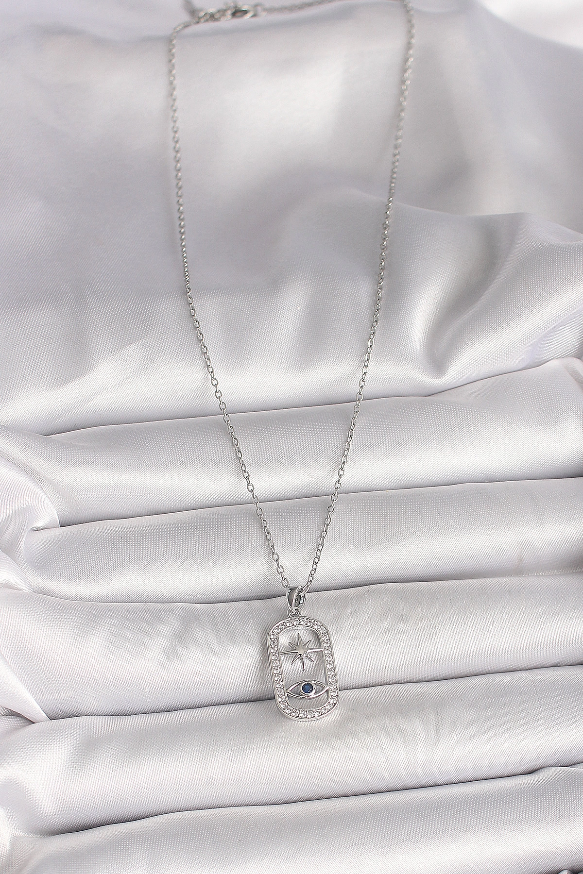 316L Çelik Gümüş Renk Zincir Zirkon Taşlı Göz Yıldız Model Kadın Kolye