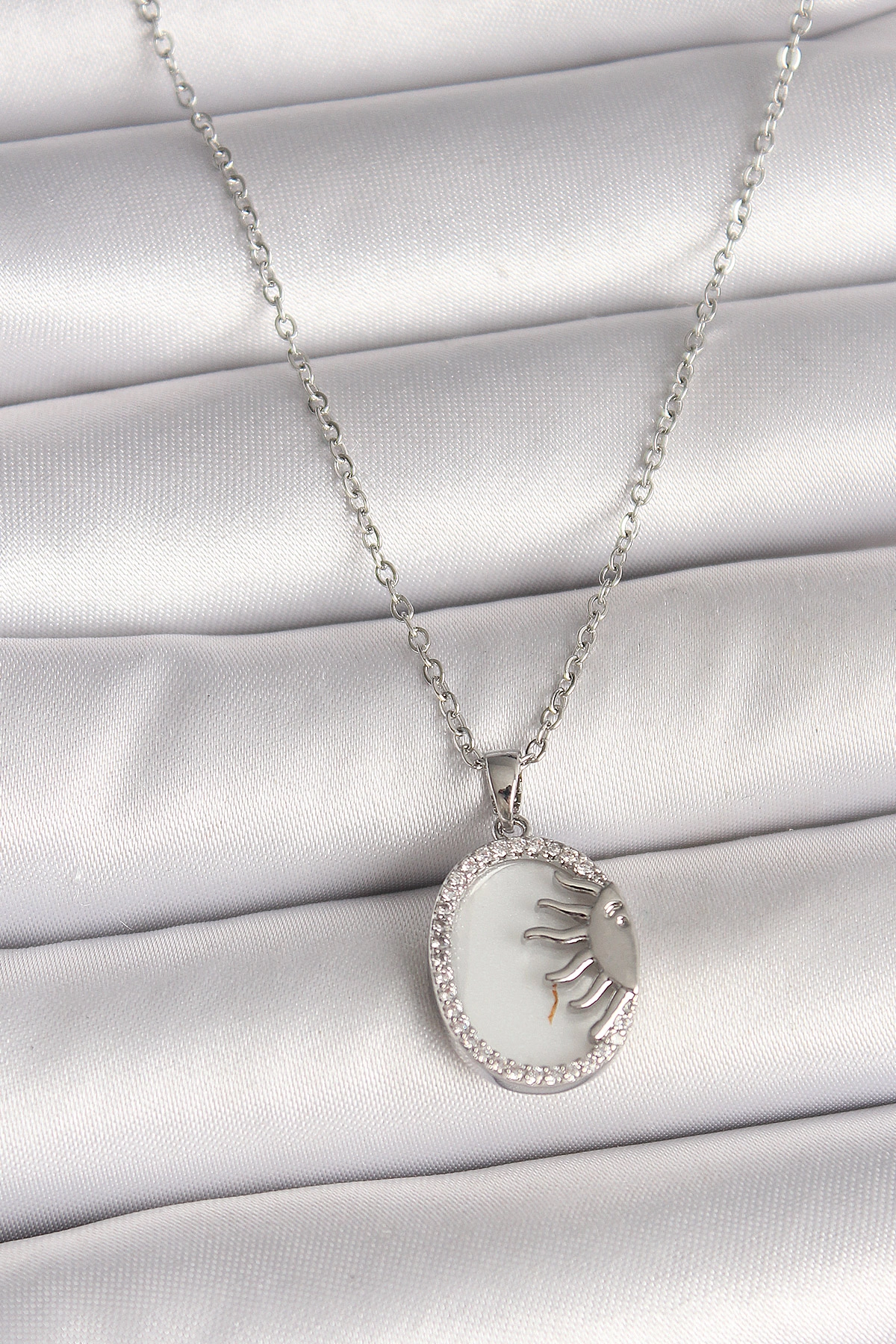 316L Çelik Gümüş Renk Zincir Beyaz Mineli Gün Batımı Model Zirkon Taş Detaylı Kadın Kolye