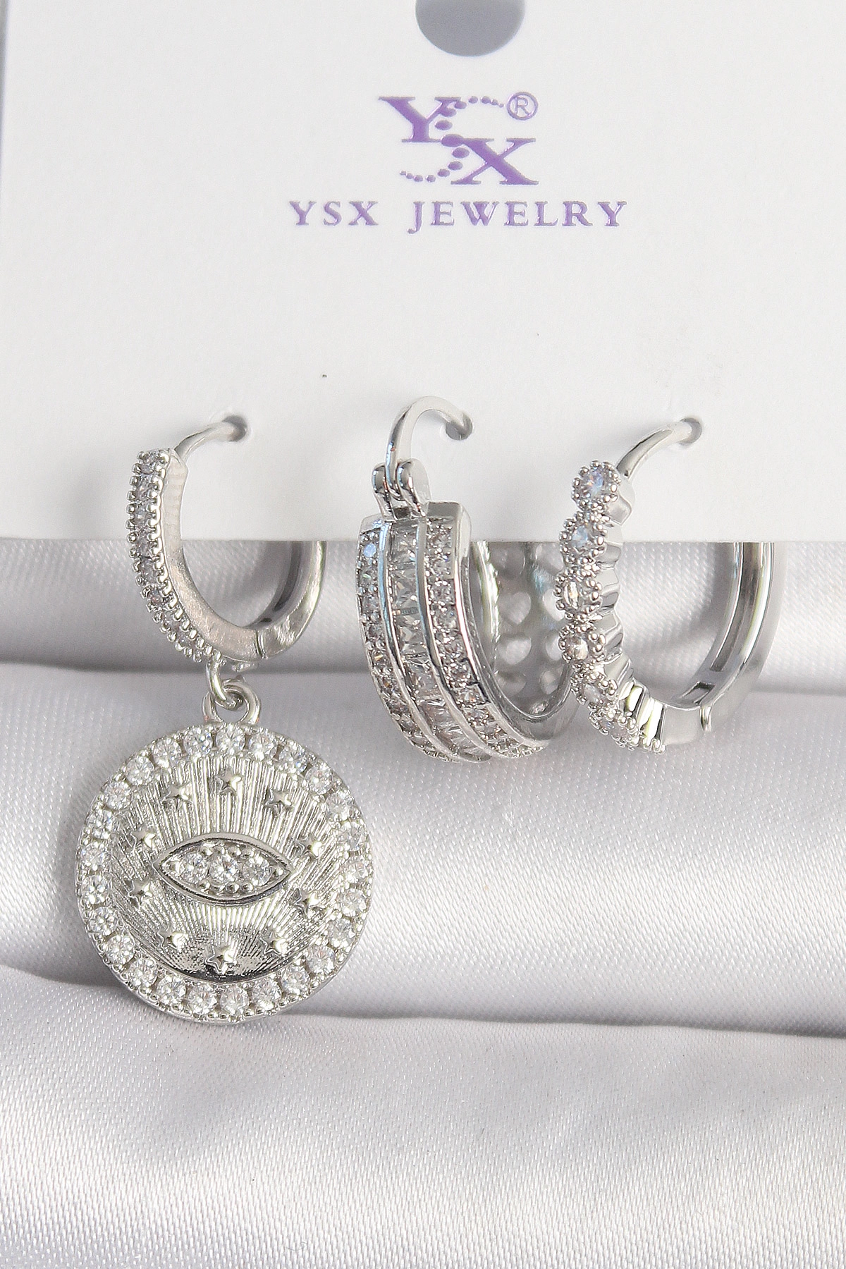 Pirinç Gümüş Renk Zirkon Taşlı Göz İşlemeli Halka Model 3'Lü Kadın Kombin Küpe