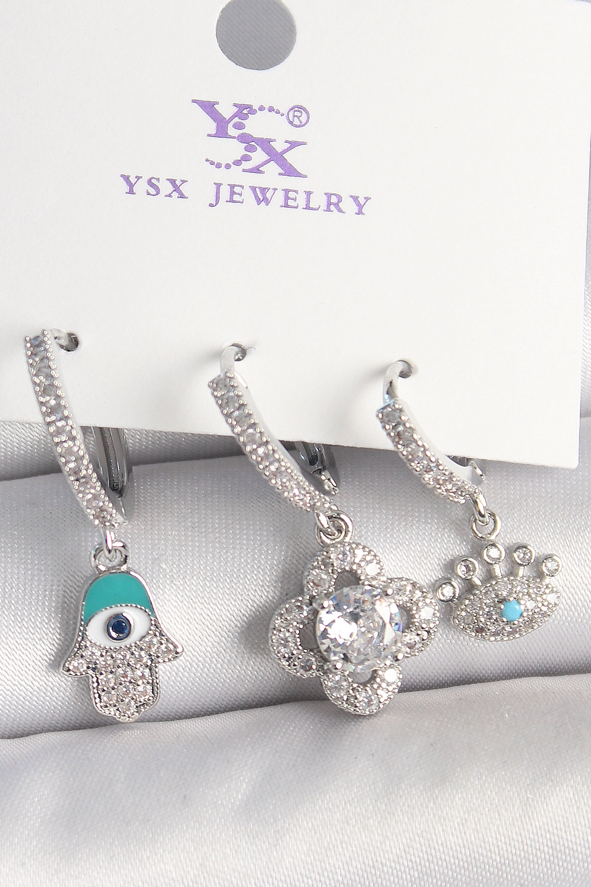 Pirinç Gümüş Renk Zirkon Taşlı Fatma Ana Yonca Figür Göz Detay 3'Lü Kadın Kombin Küpe