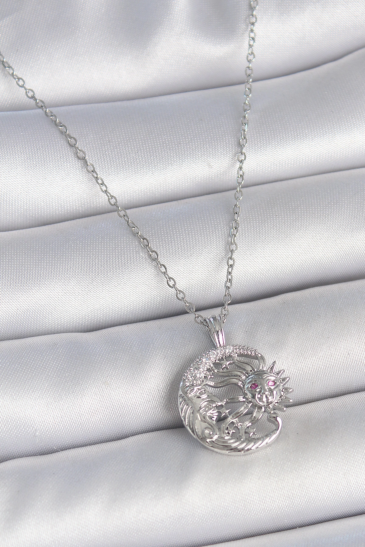 316L Çelik Gümüş Renk Zincir Ay Güneş Model Zirkon Taş Detay Kadın Kolye