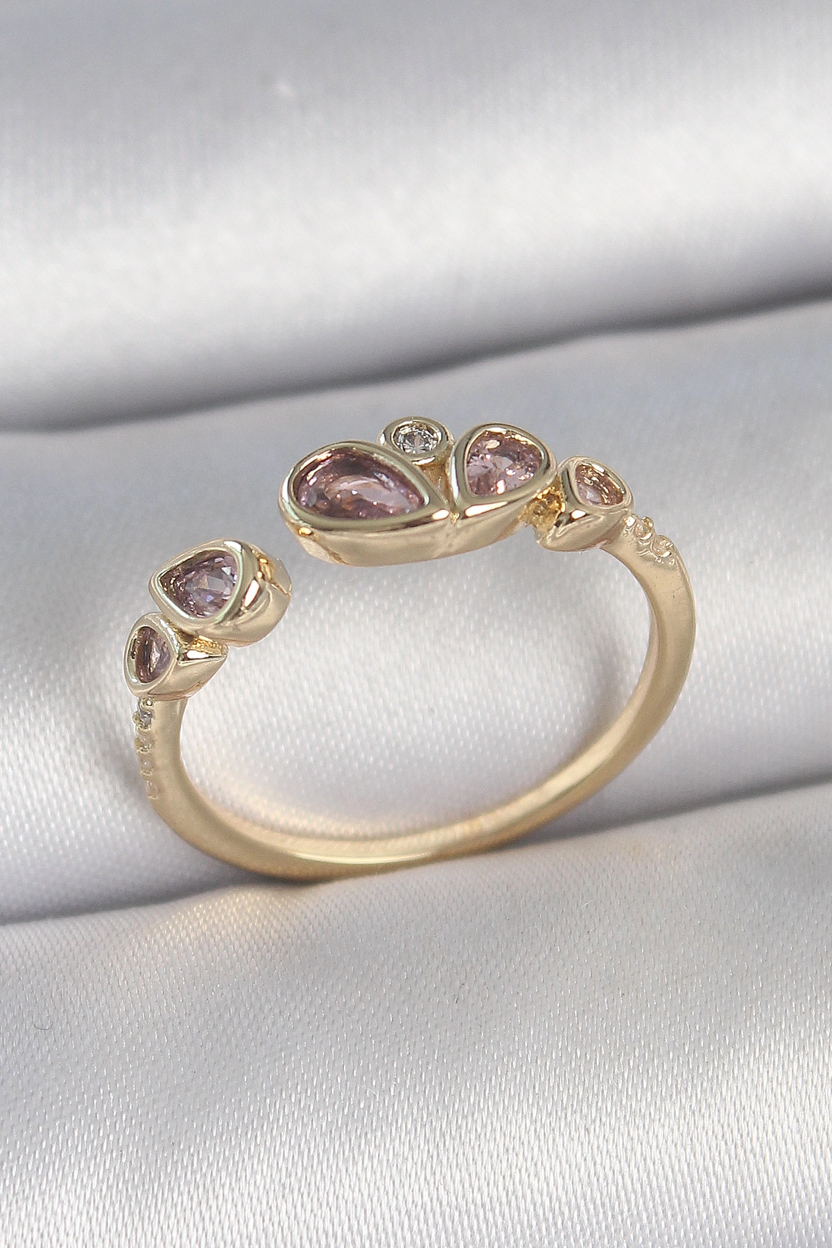 Pirinç Gold Renk Pembe Damla Zirkon Taşlı Ayarlanabilir Kadın Yüzük
