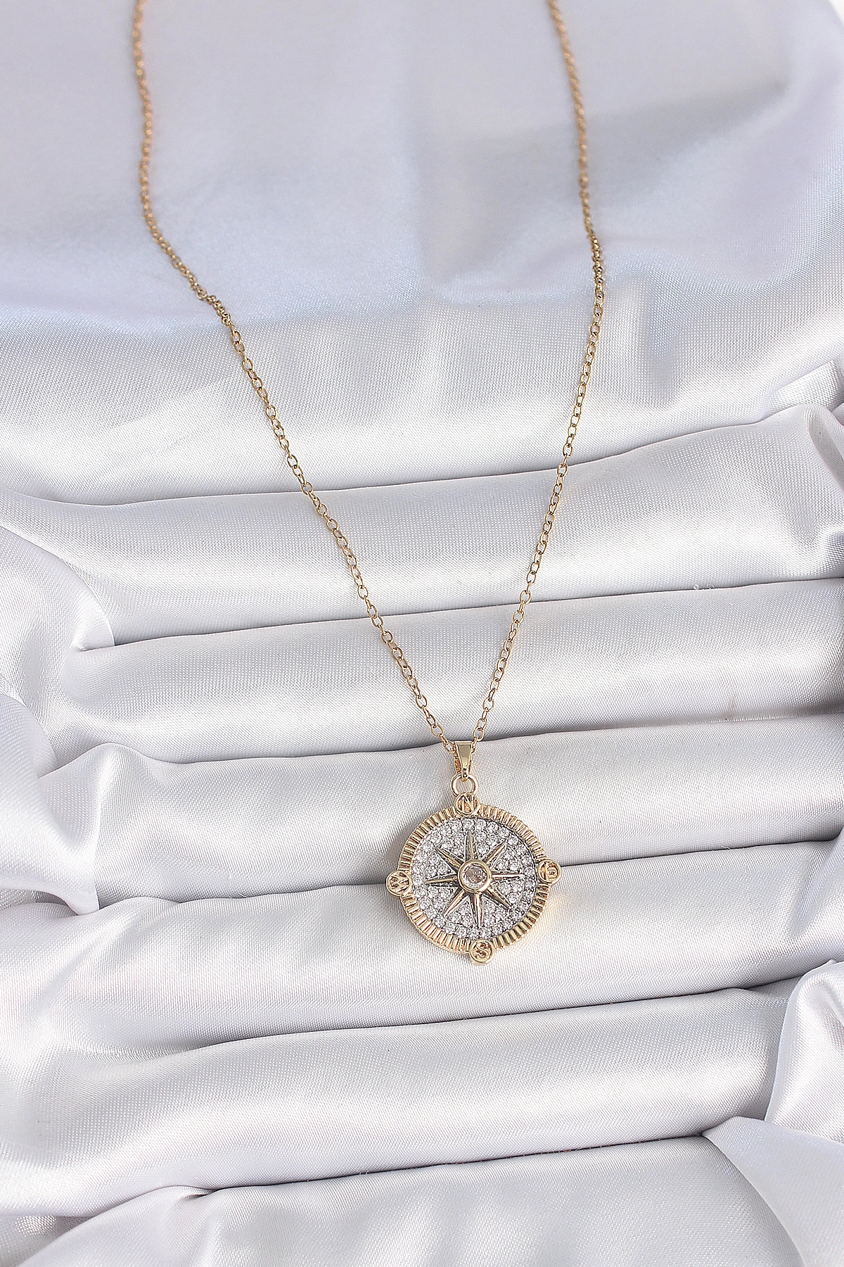 316L Çelik Gold Renk Zirkon Taşlı Pusula Model Kadın Kolye