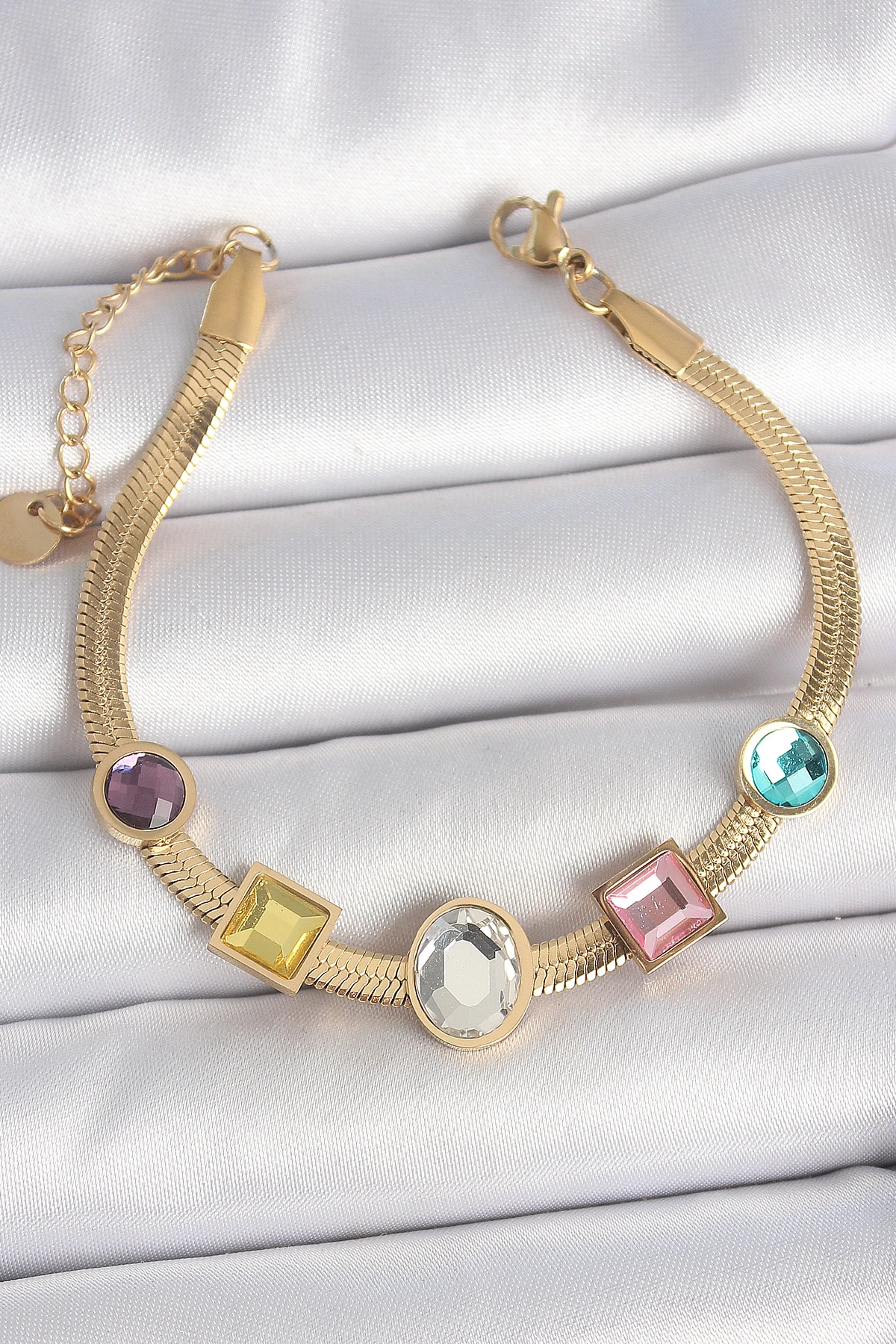 316L Çelik Gold Renk İtalyan Zincir Renkli Zirkon Taşlı Kadın Bileklik