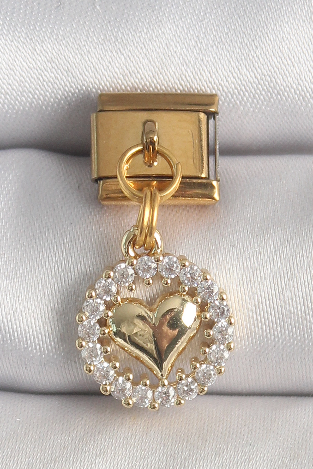 316L Çelik Gold Renk Sallantı Zirkon Taşlı Kalp Model Nomination Charm
