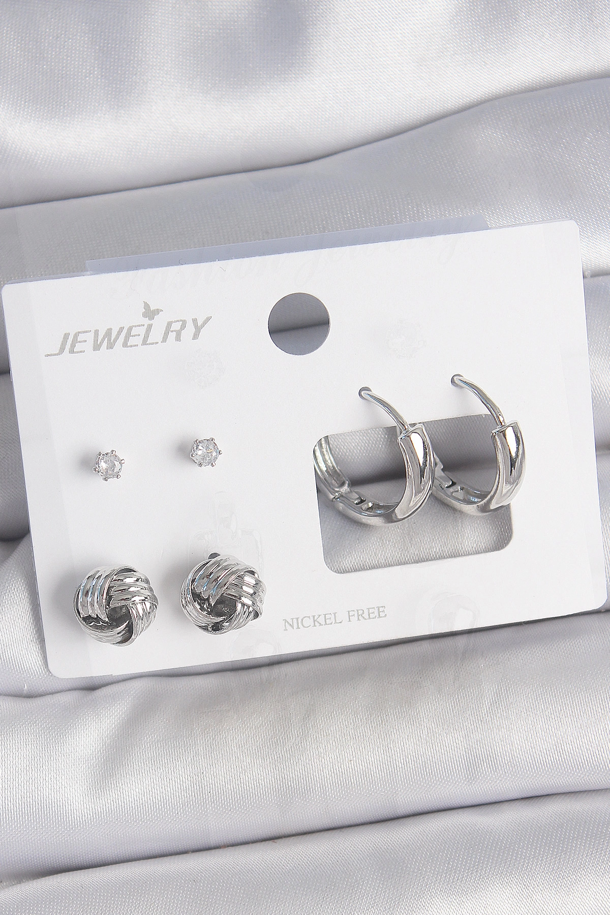 Pirinç Gümüş Renk Zirkon Taşlı Halka Model 3 Çift Kadın Küpe Seti