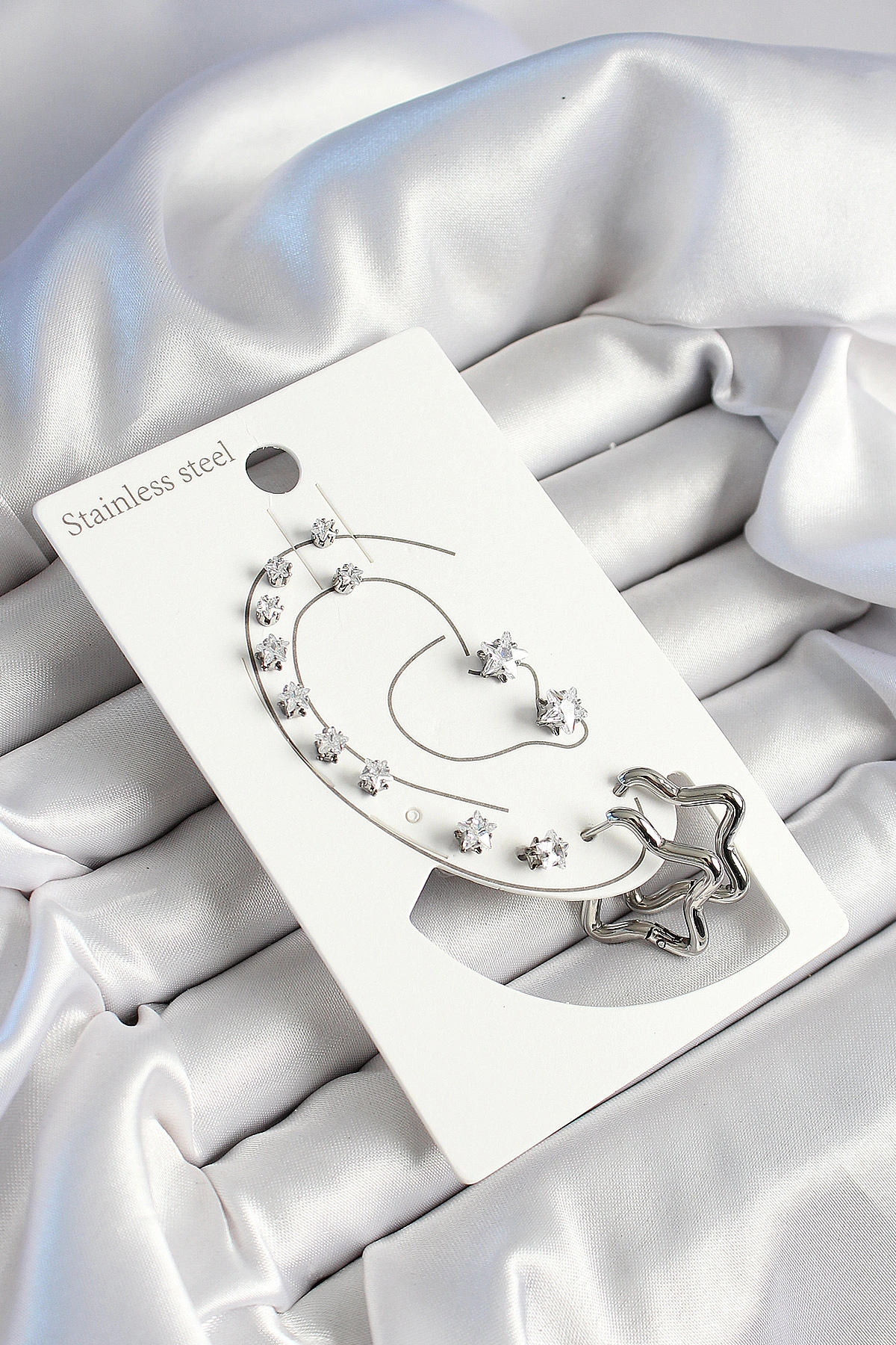 316L Çelik Yıldız Figürlü Ve Zirkon Taşlı Gümüş Renk 7'li Çift Kadın Küpe Set