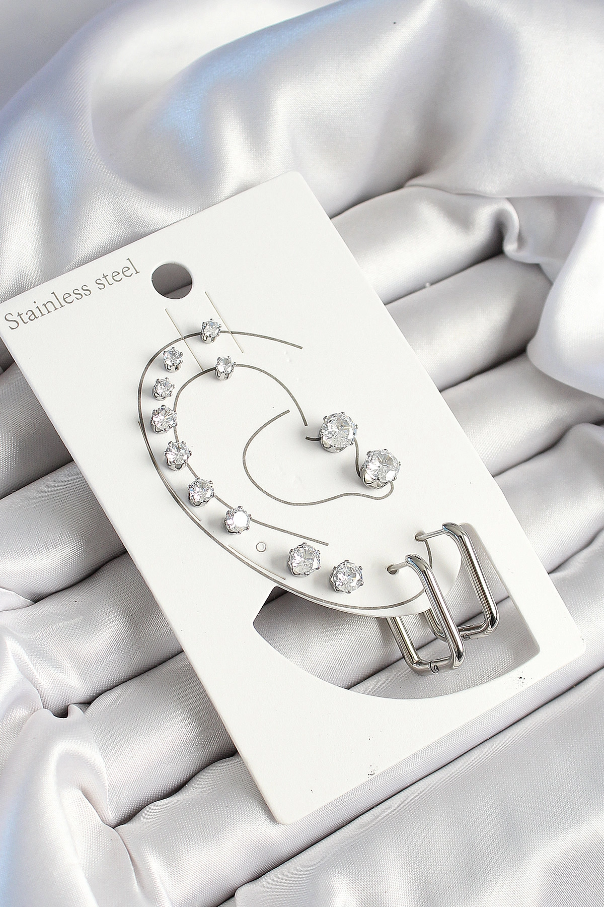 316L Çelik Dikdörtgen Figürlü Ve Zirkon Taşlı Gümüş Renk 7'li Çift Kadın Küpe Set