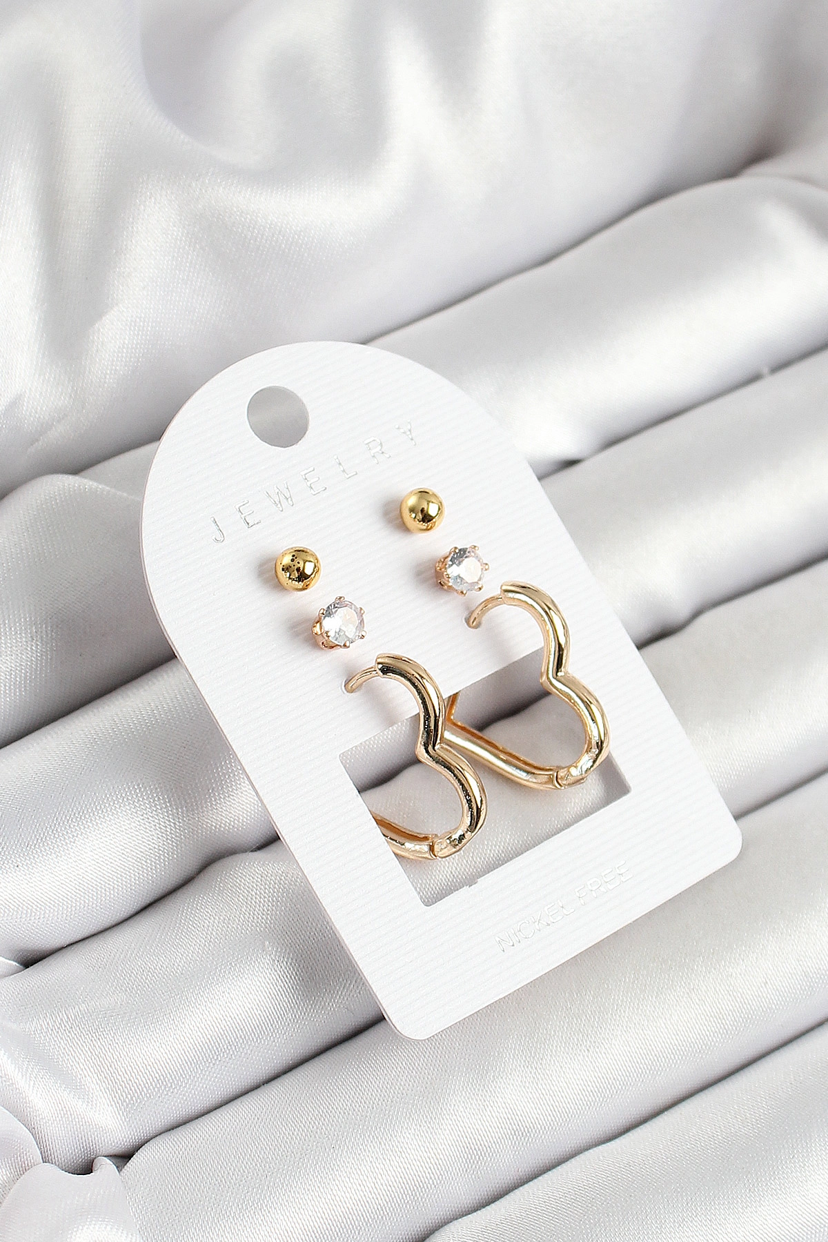 Pirinç Zirkon Taş Ve Kalp Figürlü Gold Renk 3'lü Çift Kadın Küpe Set