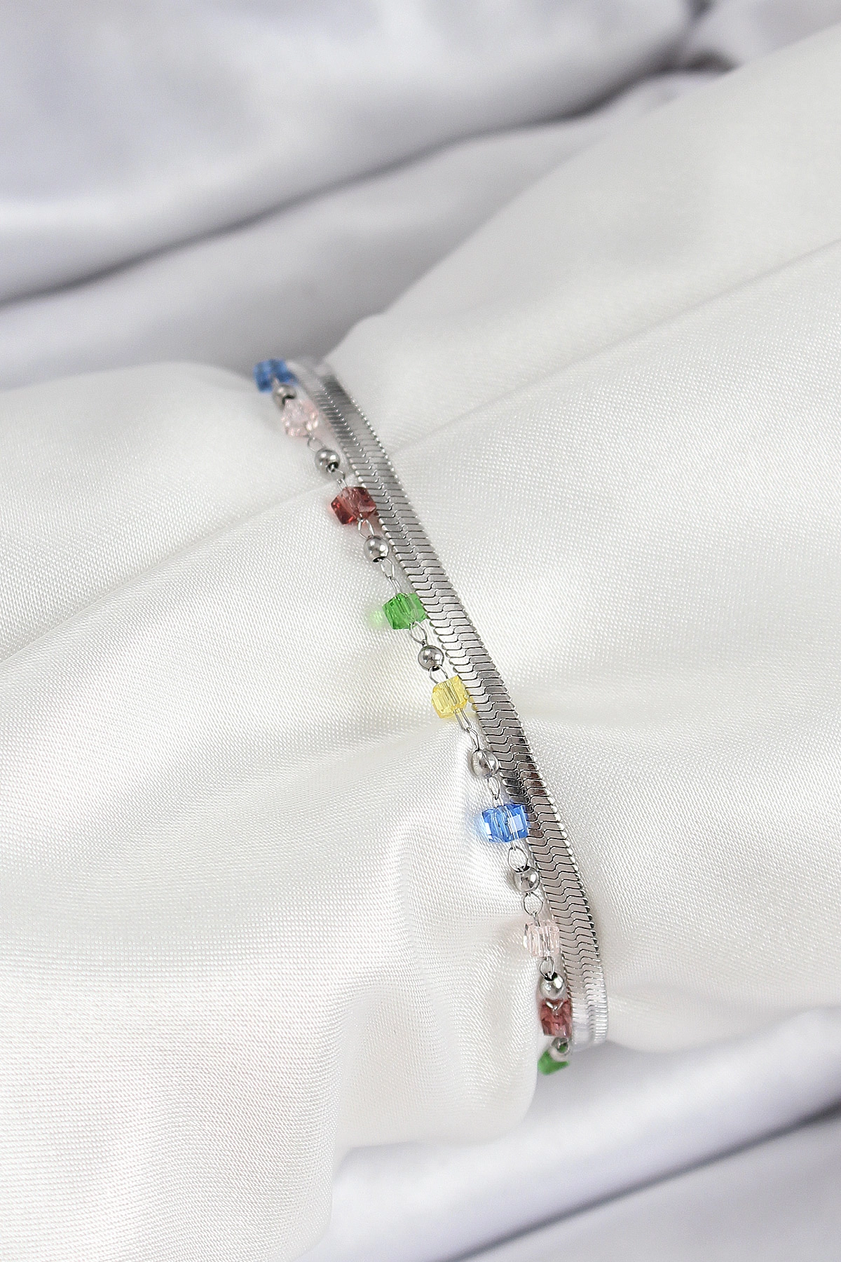 316L Çelik Gümüş Renk Karışık Renkli Kristal Taşlı Kadın Bileklik