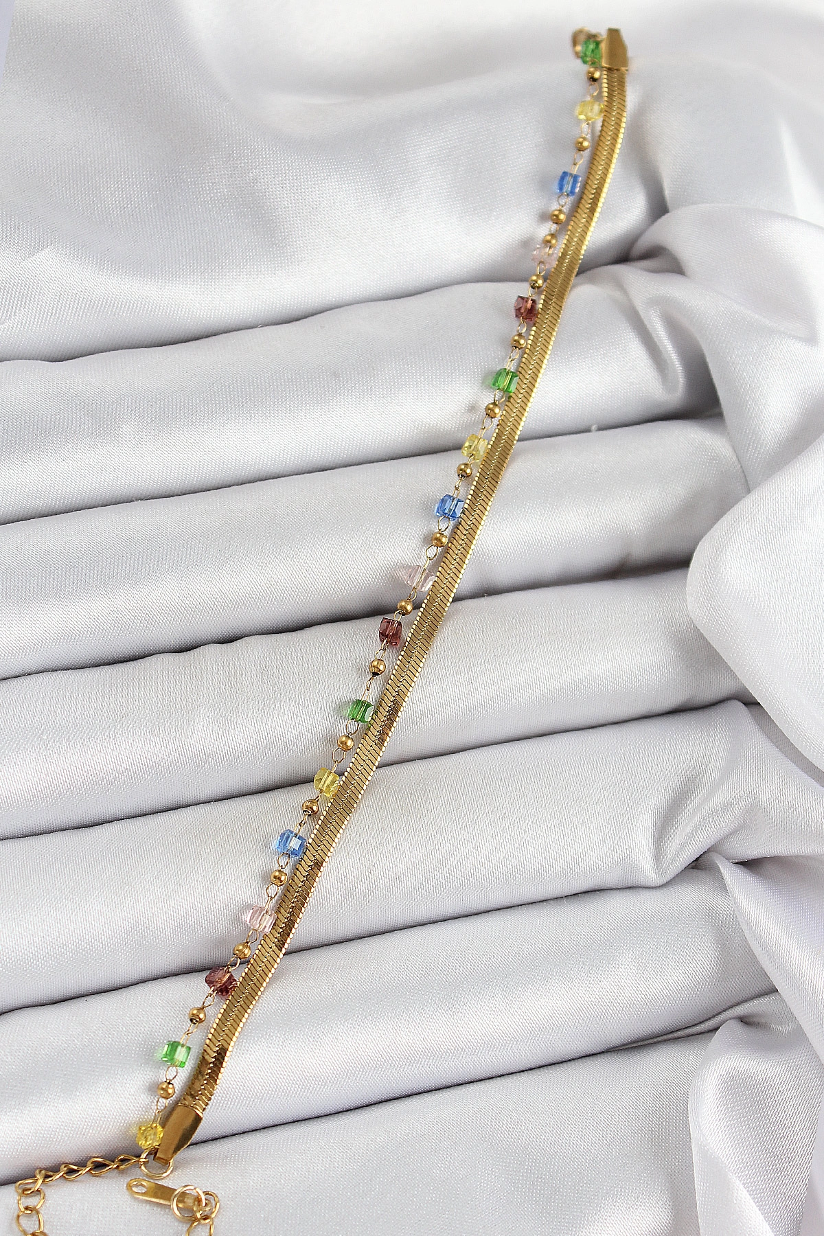 316L Çelik Gold Renk Karışık Renkli Kristal Taşlı Kadın Bileklik