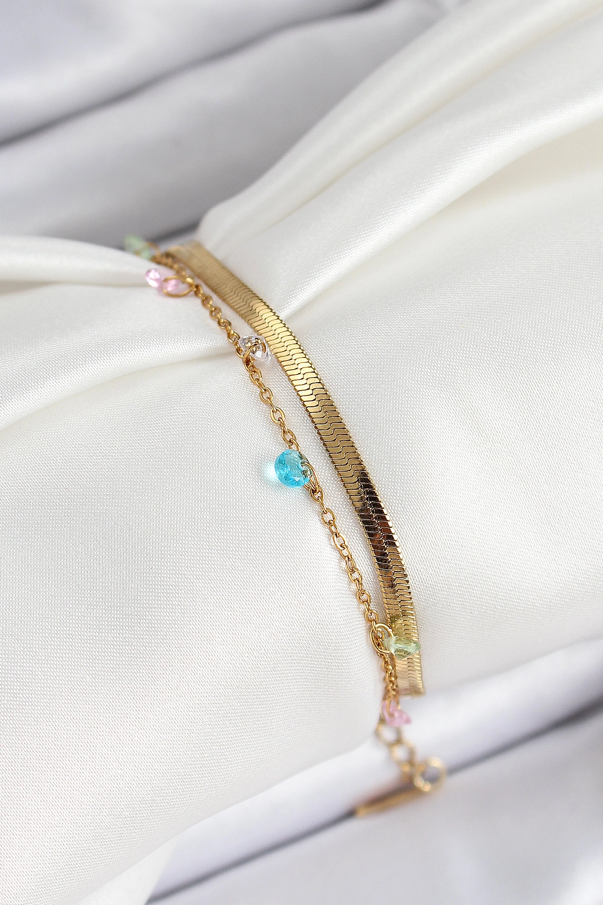 316L Çelik Gold Renk Karışık Renkli Kristal Taşlı 2'li Kadın Bileklik