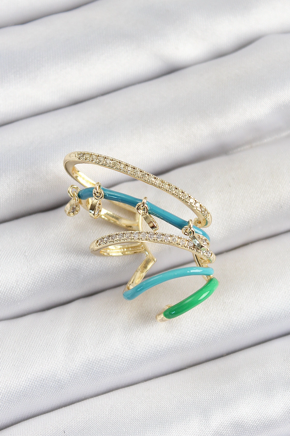 Pirinç Zirkon Taşlı Mavi Yeşil Sıkıştırma Sağ Kıkırdak Gold Renk Kadın Küpe