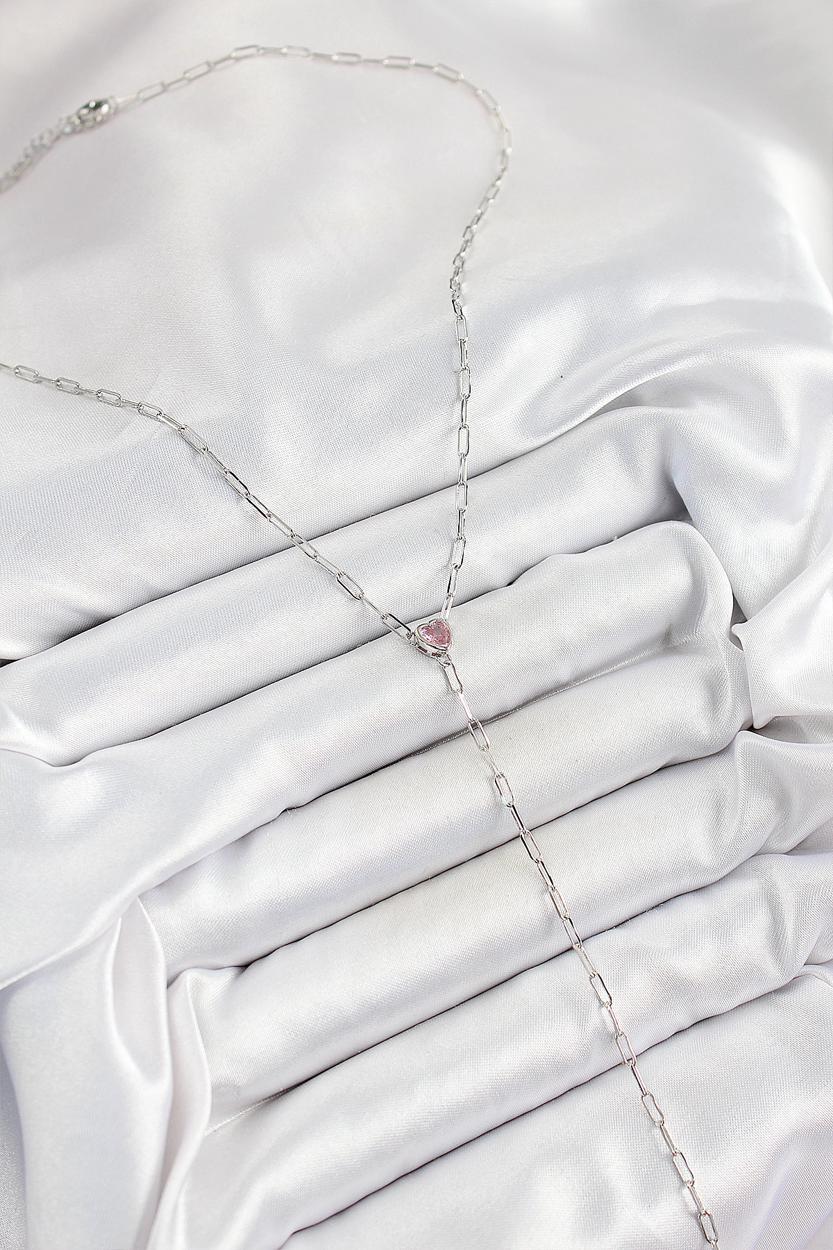 Pirinç Zirkon Taşlı Pembe Kalp Figürlü Y Model Gümüş Renk Kadın Kolye