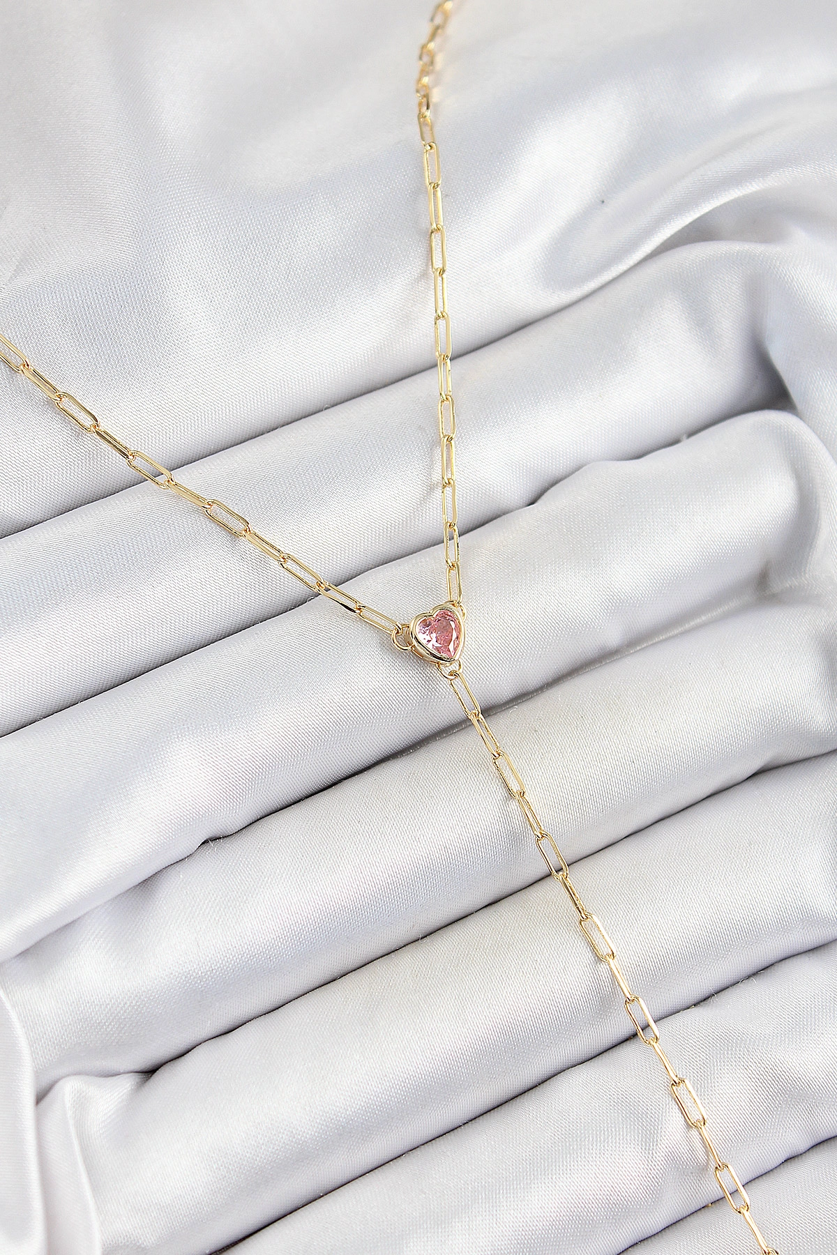 Pirinç Zirkon Taşlı Pembe Kalp Figürlü Y Model Gold Renk Kadın Kolye