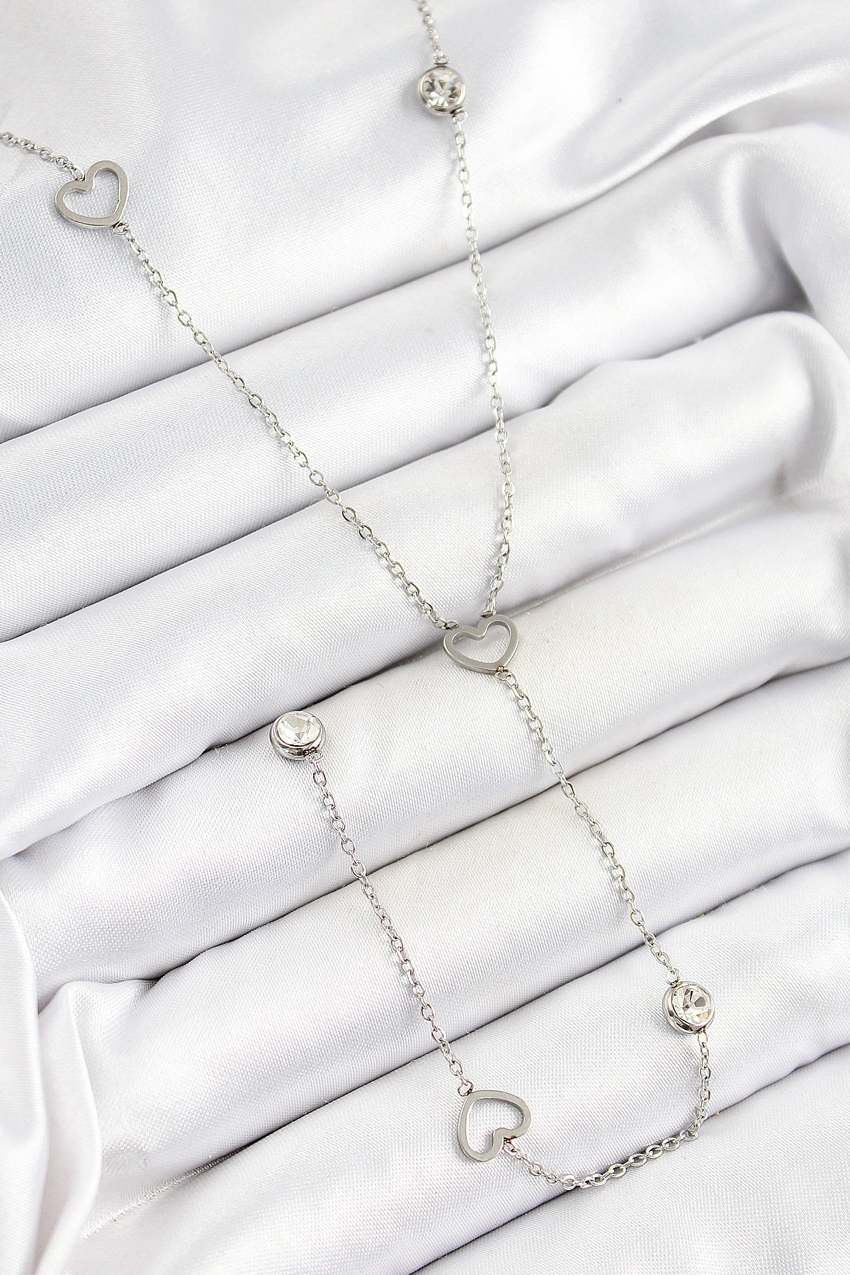 316L Çelik Zirkon Taşlı Kalp Figürlü Y Model Gümüş Renk Kadın Kolye