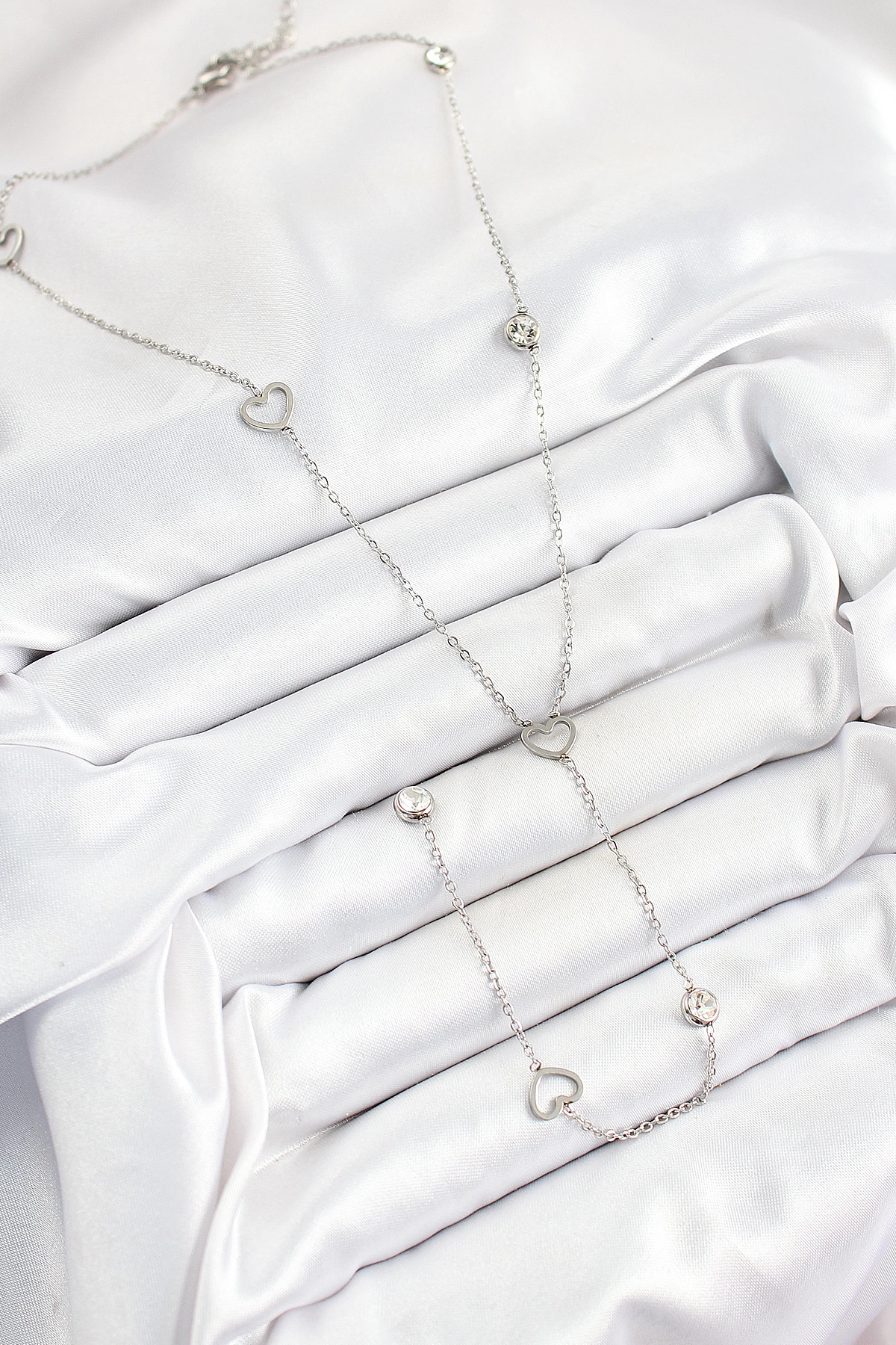 316L Çelik Zirkon Taşlı Kalp Figürlü Y Model Gümüş Renk Kadın Kolye