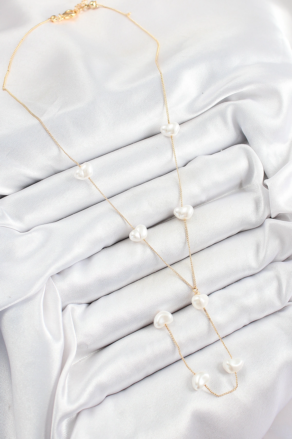 Pirinç İncili Kalp Figürlü Y Model Gold Renk Kadın Kolye