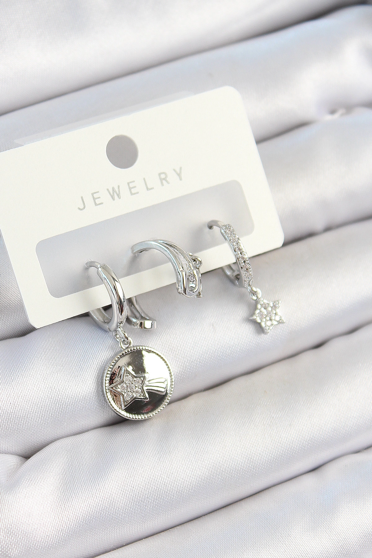 Pirinç Zirkon Taşlı Sallantılı Yıldız Model Gümüş Renk 3'lü Çift Kadın Küpe Set