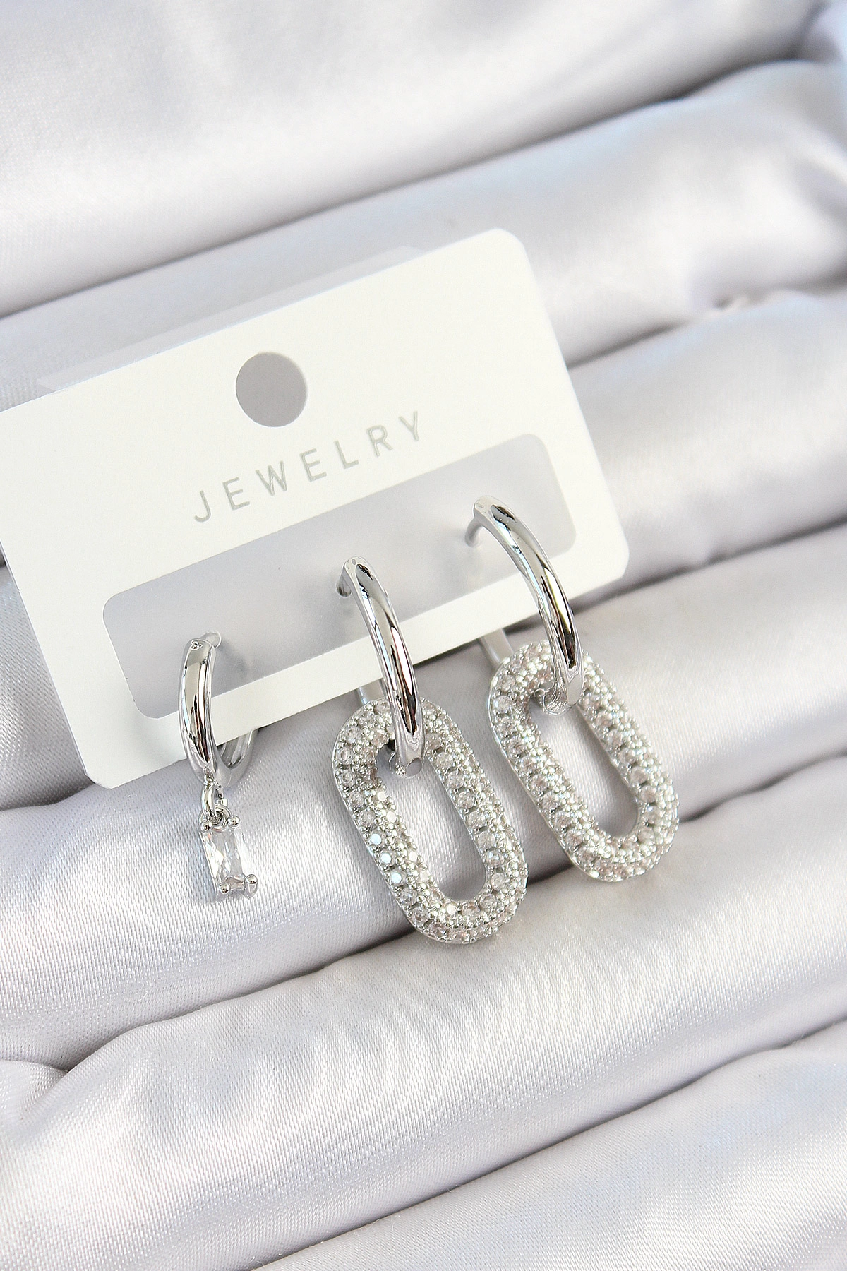 Pirinç Zirkon Taşlı Dikdörtgen Model Gümüş Renk 3'lü Çift Kadın Küpe Set