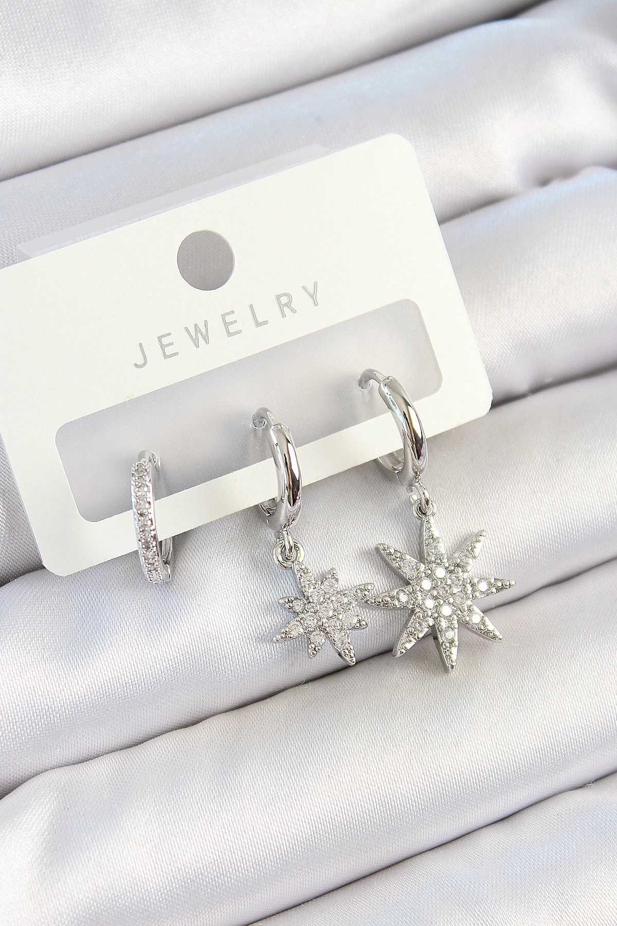 Pirinç Zirkon Taşlı Kutup Yıldızı Model Gümüş Renk 3'lü Çift Kadın Küpe Set