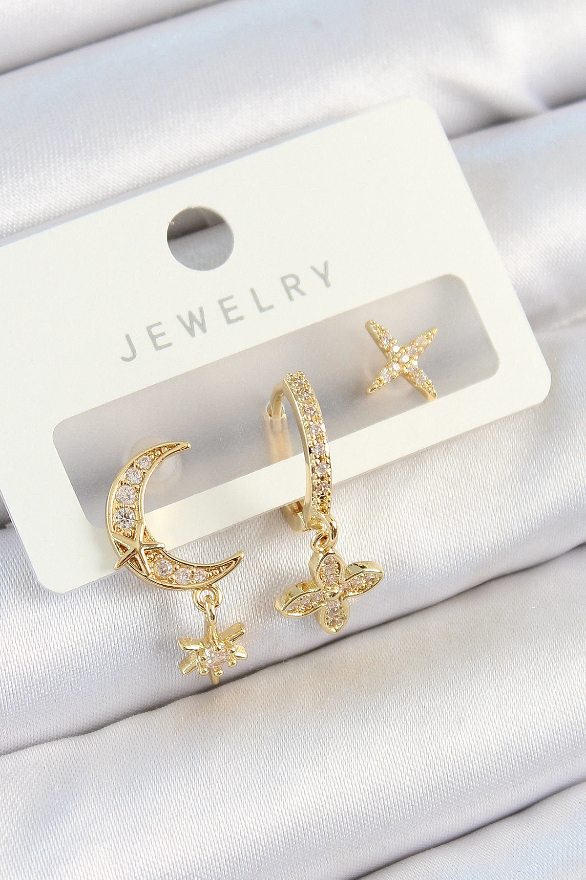 Pirinç Zirkon Taşlı Çiçek Ve Ay Model Gold Renk 3'lü Çift Kadın Küpe Set