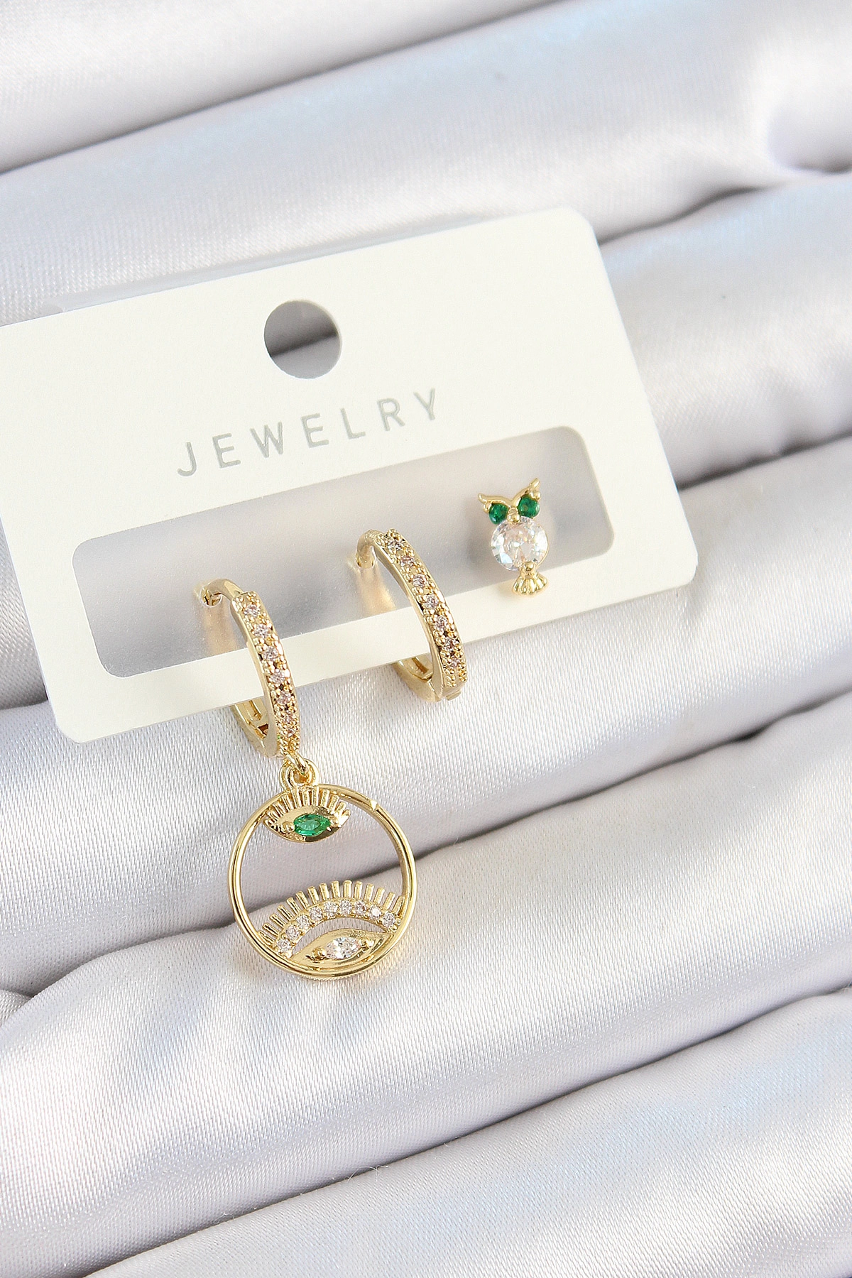 Pirinç Zirkon Taşlı Göz Ve Baykuş Model Gold Renk 3'lü Çift Kadın Küpe Set