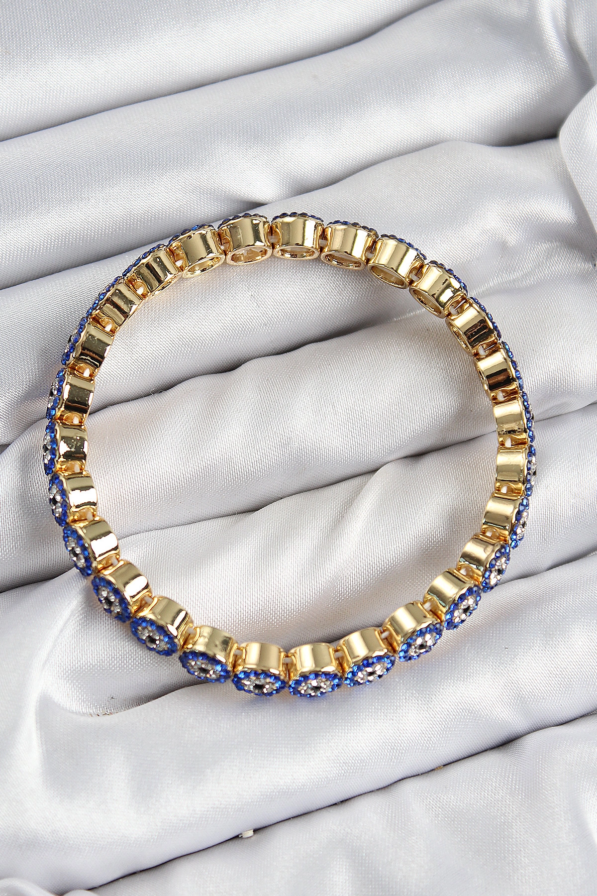 Pirinç Zirkon Taşlı Lacivert Nazar Model Gold Renk Lastikli Kadın Bileklik