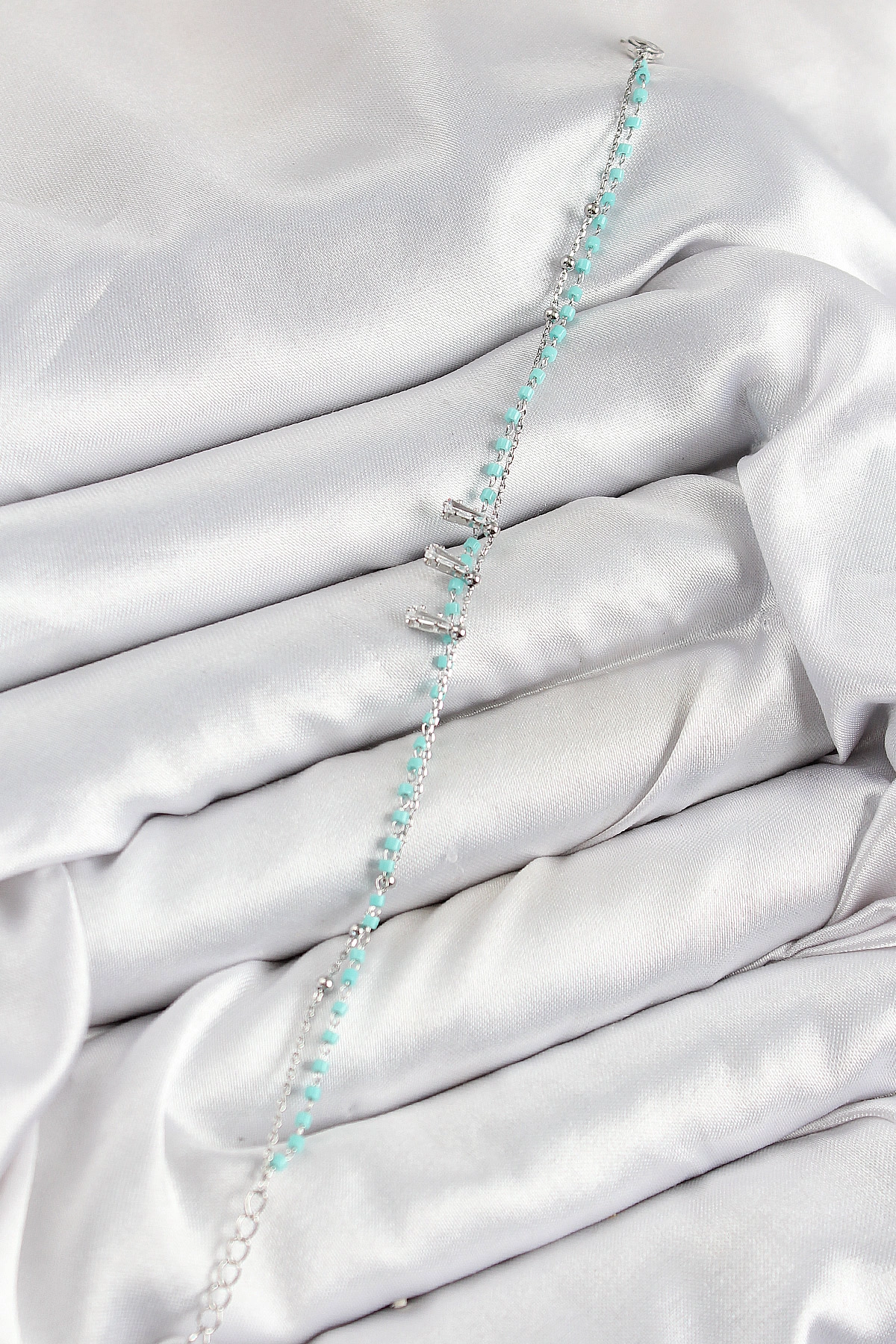 Pirinç Zirkon Taşlı Mavi Boncuklu Model Gümüş Renk Kadın Bileklik