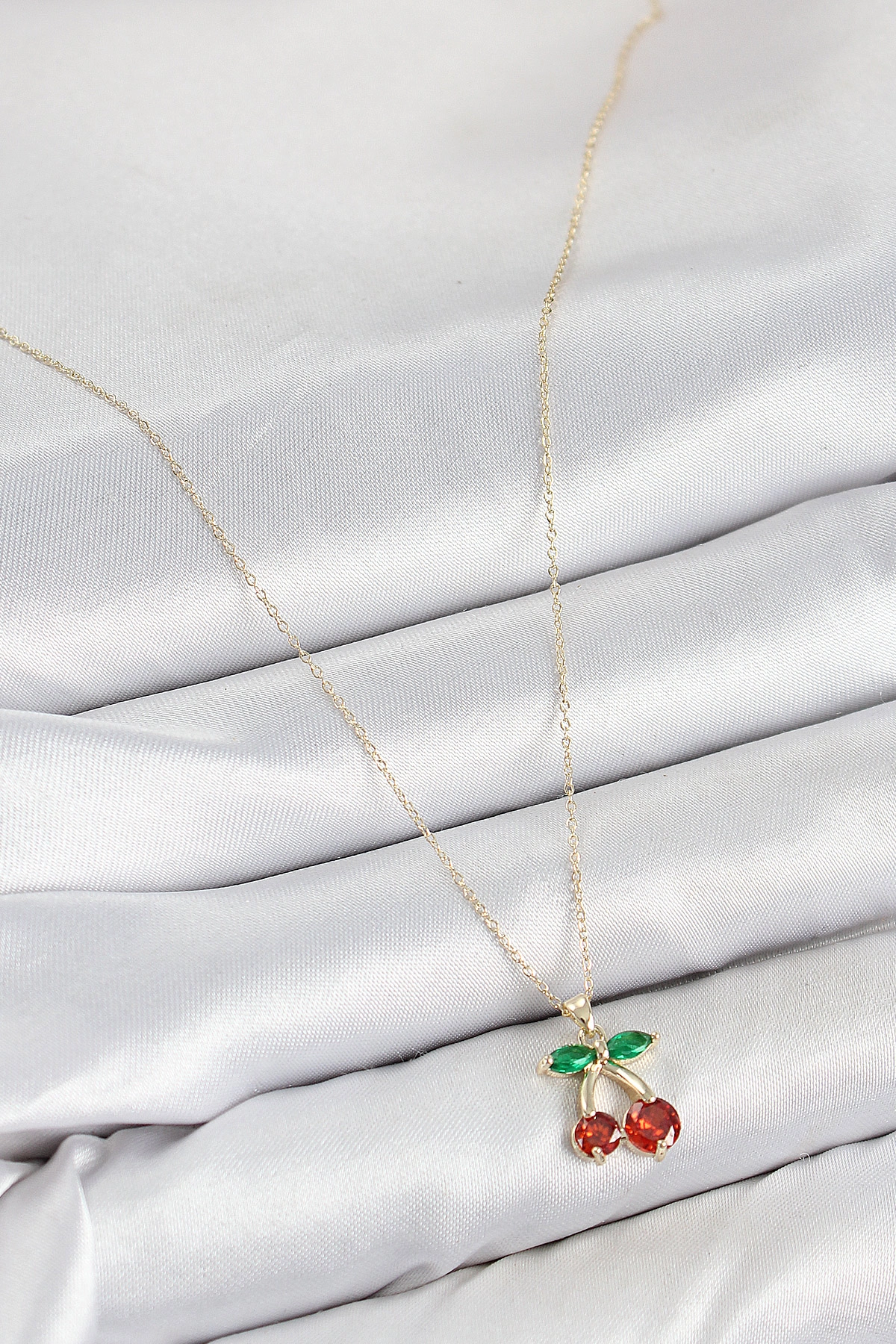 Pirinç Zirkon Taşlı Kiraz Model Gold Renk Kadın Kolye