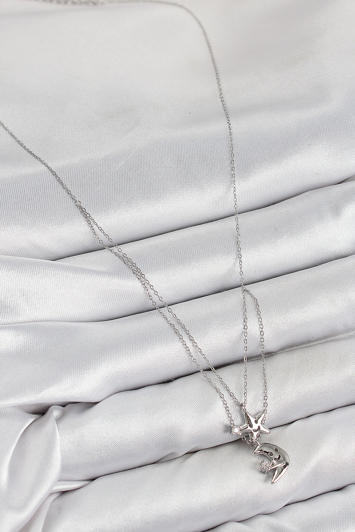 Pirinç Zirkon Taşlı Yıldız Ve Ay Model Gümüş Renk Kadın Kolye