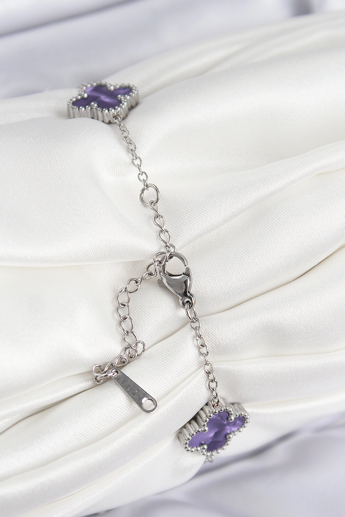 316L Çelik Sedefli Mor Gümüş Renk Yonca Kadın Bileklik