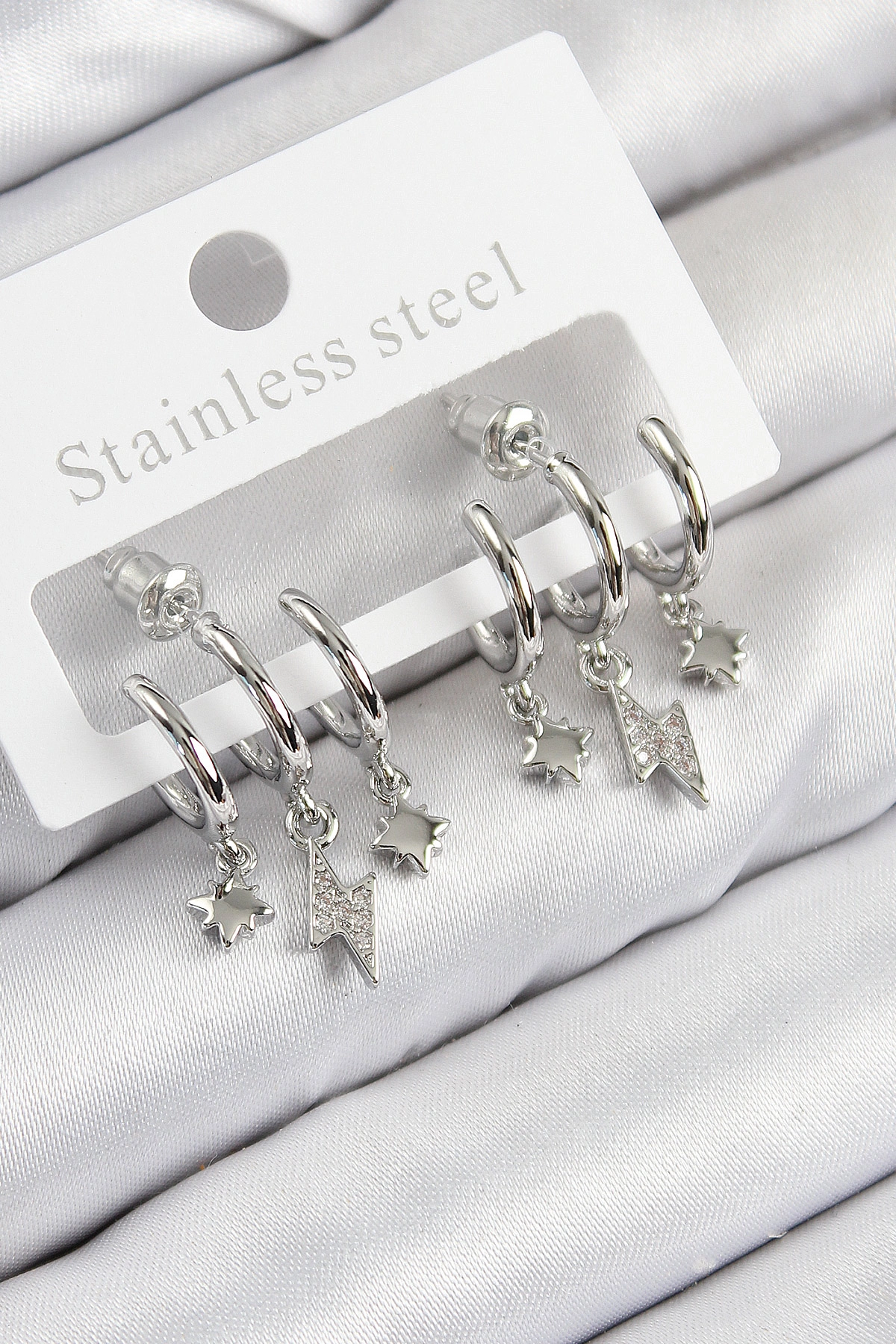 Pirinç Zirkon Taşlı Şimşek Model Gümüş Renk Kadın Küpe