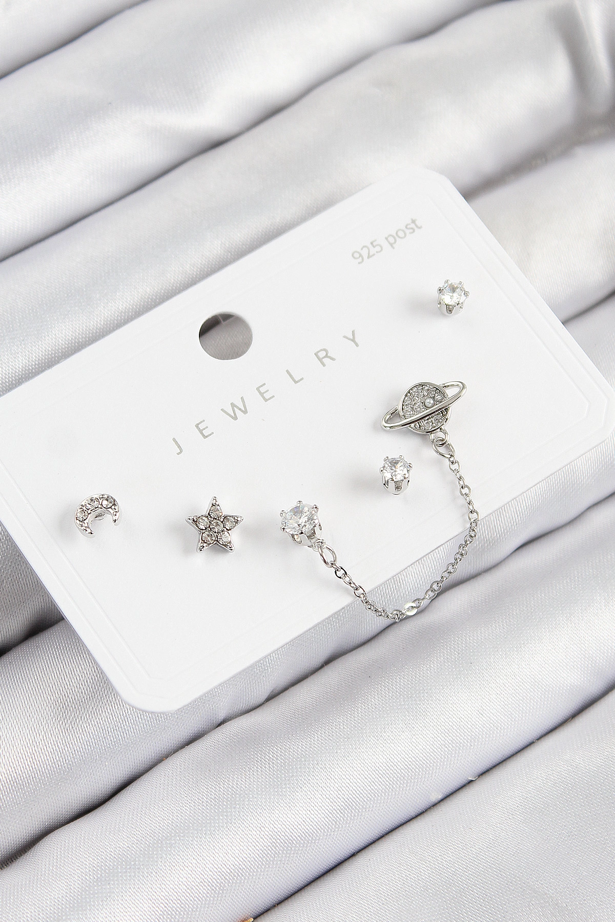 Pirinç Zirkon Taşlı Yıldız Ve Gezegen Model Gümüş Renk 925 Ayar Gümüş Çivi Kadın Küpe Set