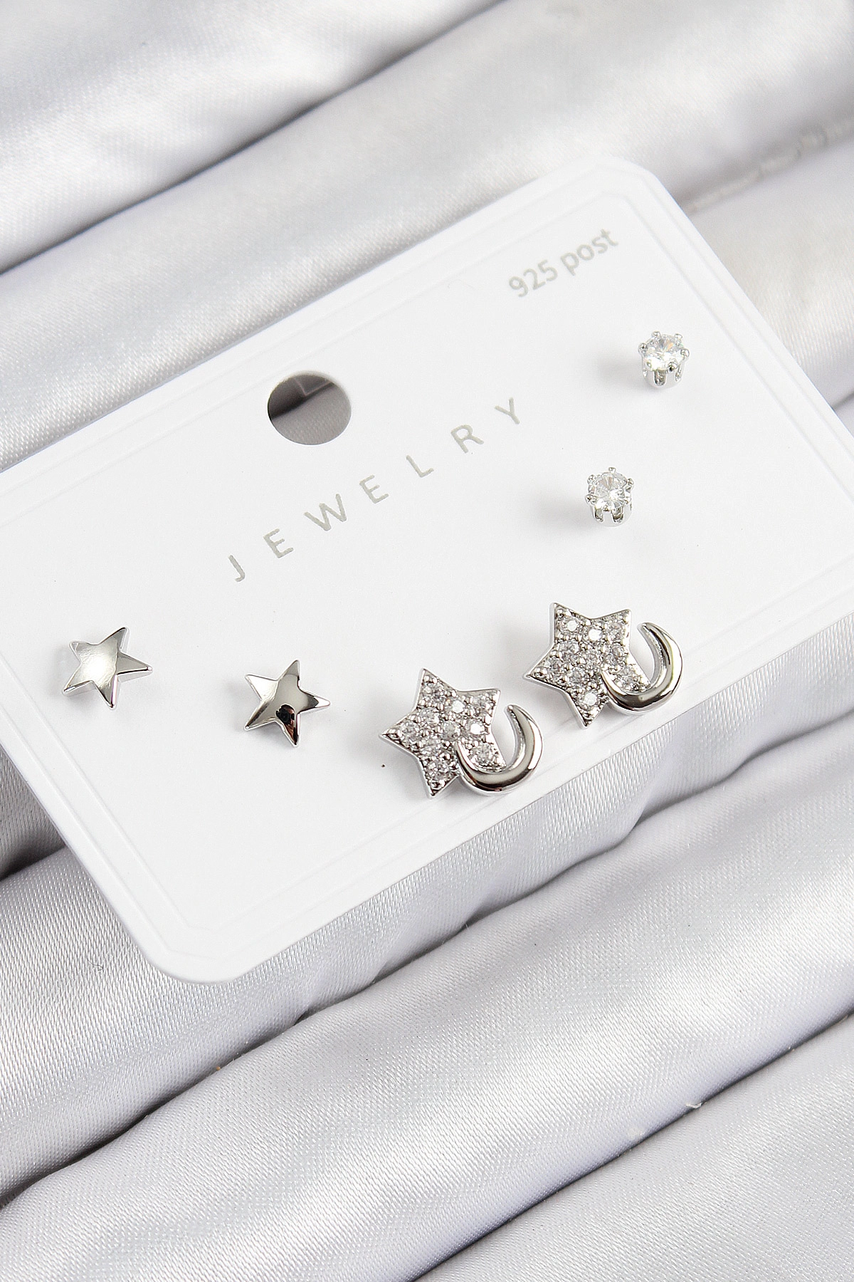 Pirinç Zirkon Taşlı Yıldız Model Gümüş Renk 925 Ayar Gümüş Çivi Kadın Küpe Set