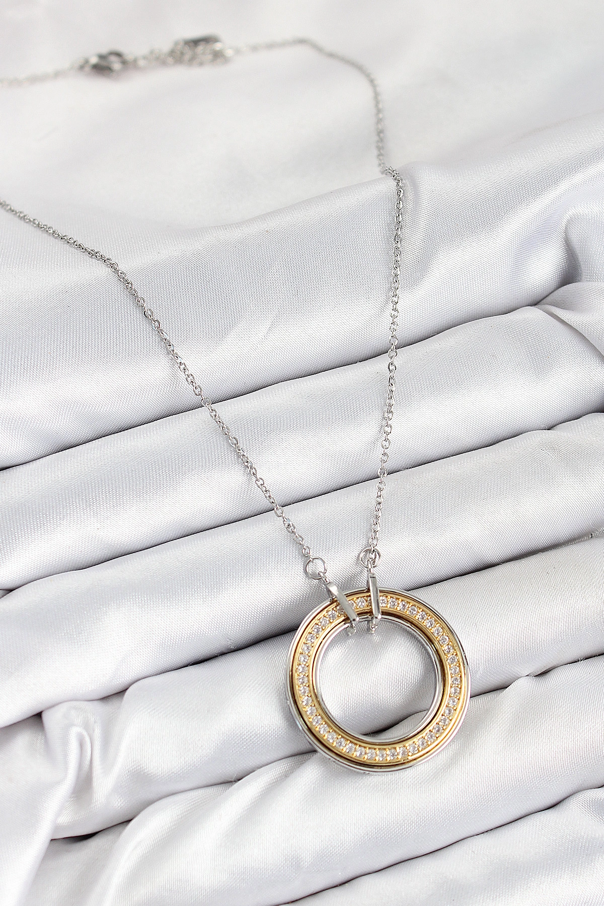 316L Çelik Zirkon Taşlı Dönen Daire Model Gold Ve Gümüş Renk Kadın Kolye