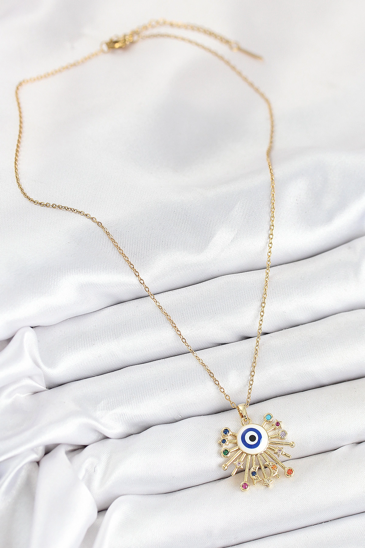 316L Çelik Zirkon Taşlı Nazar Model Gold Renk Kadın Kolye