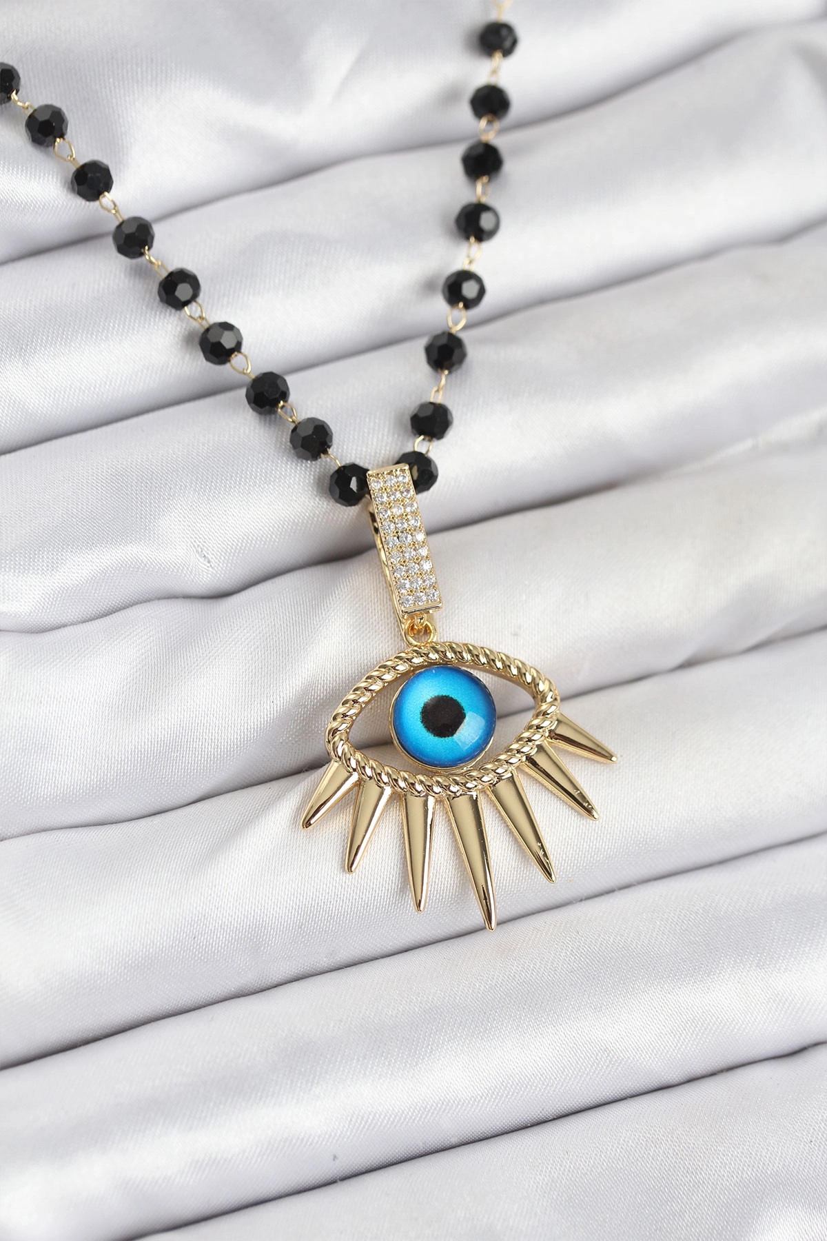 316L Çelik Zincir Kristal Boncuklu Göz Model Kadın Kolye