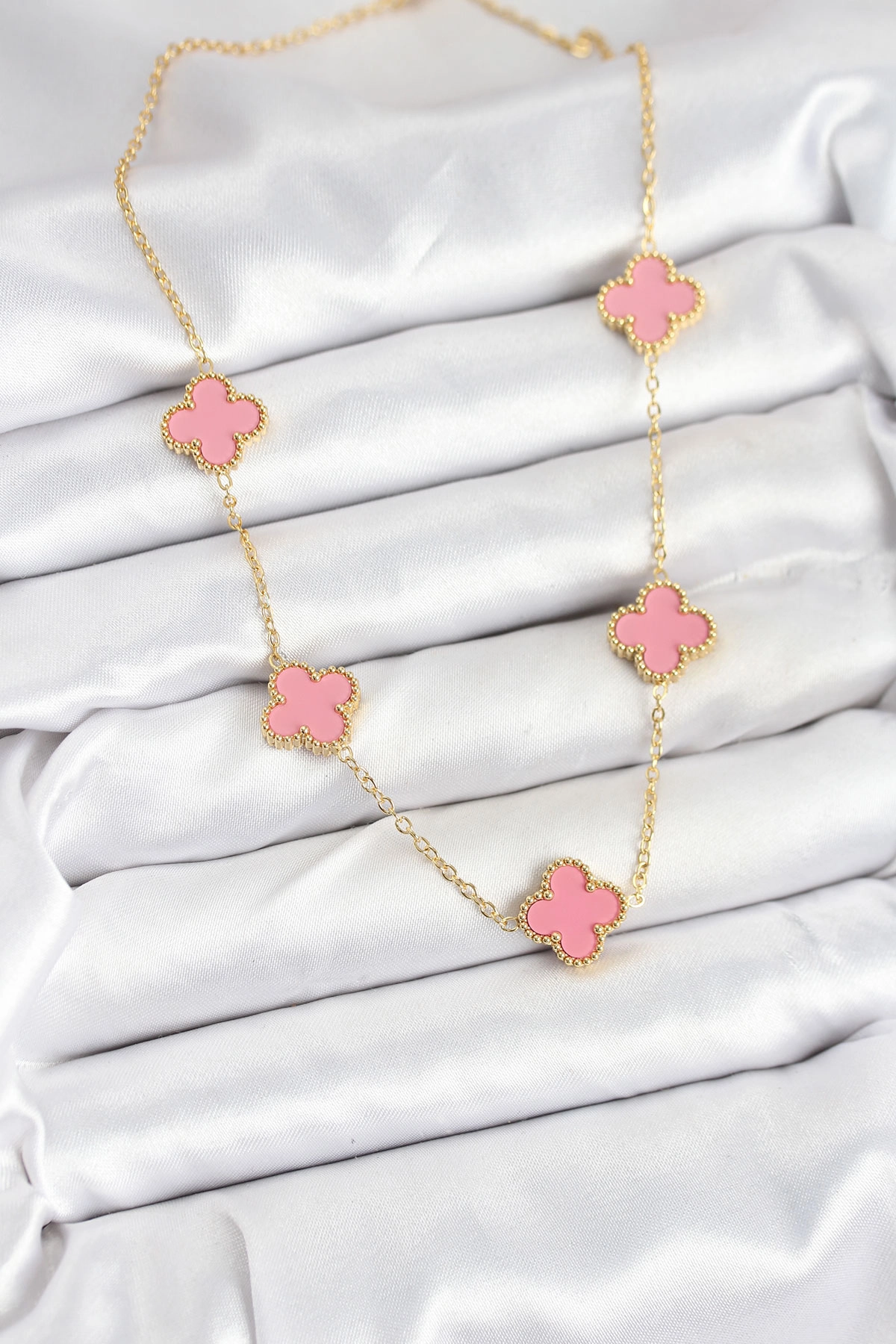 316L Çelik Zincir Gold Pembe Renk Yonca Kadın Kolye