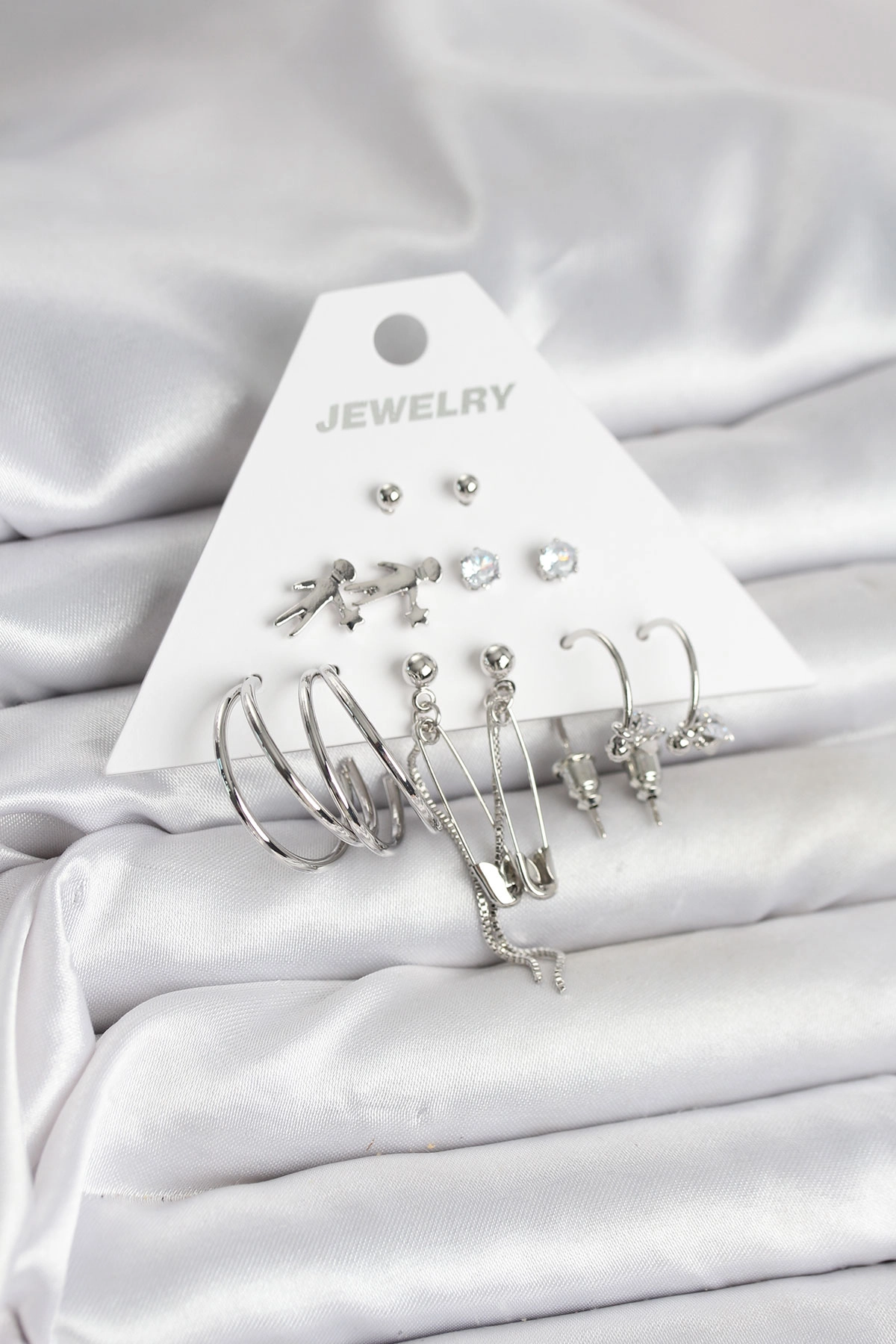 Pirinç Gümüş Renk 6'lı Kadın Küpe Seti