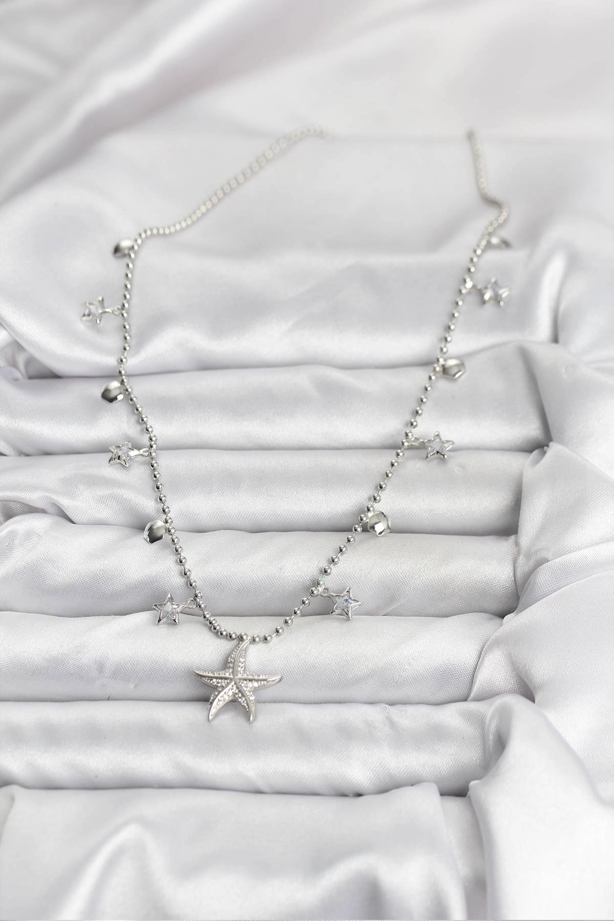 Pirinç Gümüş Renk Zirkon Taşlı Deniz Yıldızı Model Kadın Kolye